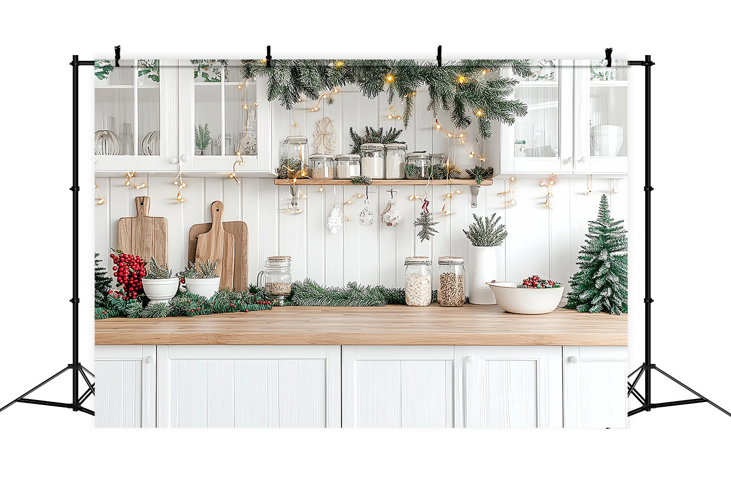 Toile de fond photo Noël Cuisine Blanche Comptoir Guirlande Sapin TWW58-95