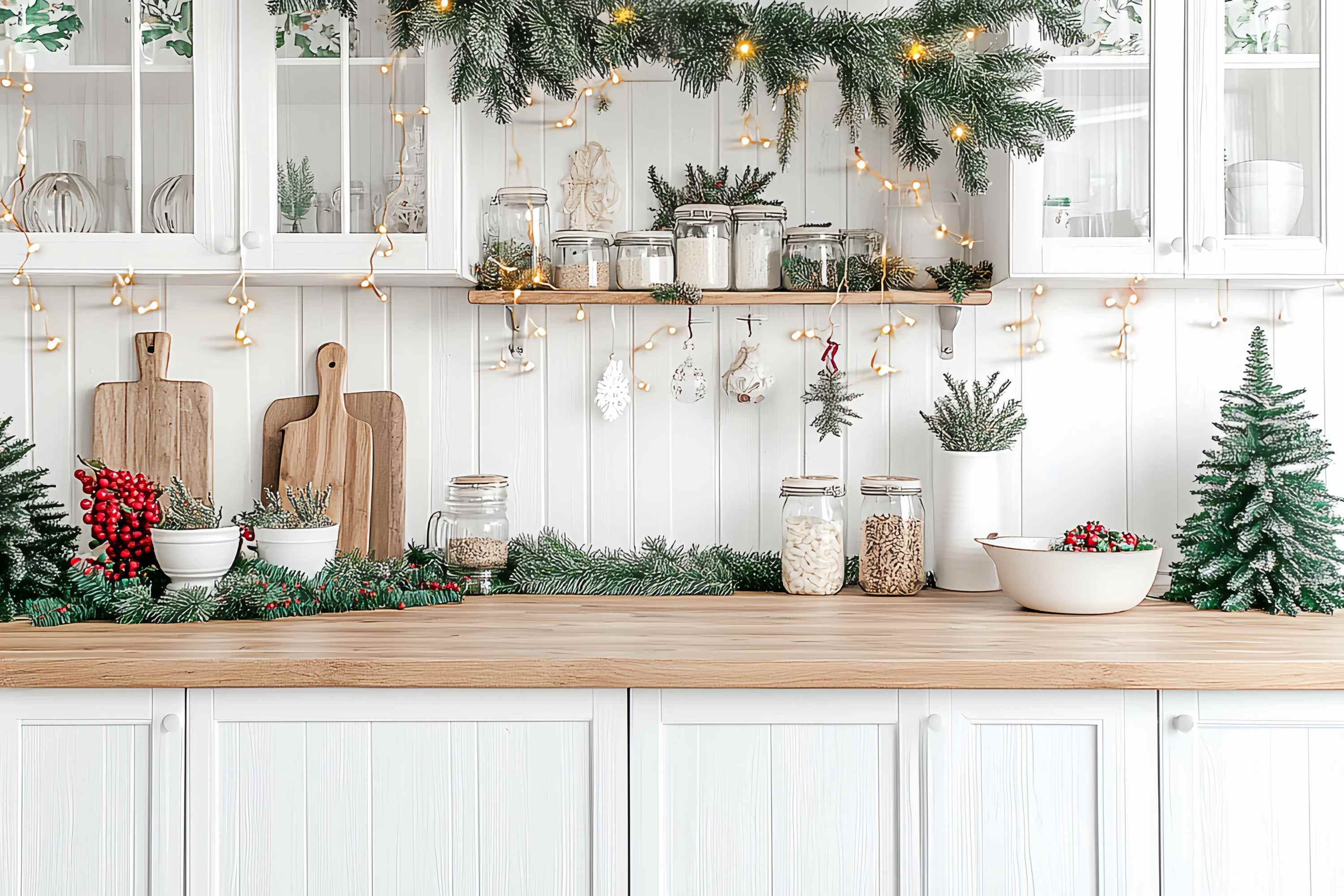 Toile de fond photo Noël Cuisine Blanche Comptoir Guirlande Sapin TWW58-95