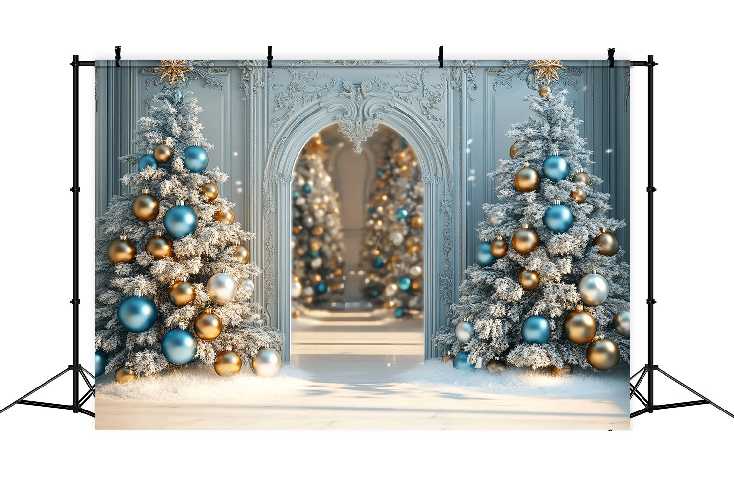 Toile de fond Noël Sapins Givrés Ornements Bleus et Dorés 10x10 TWW58-96