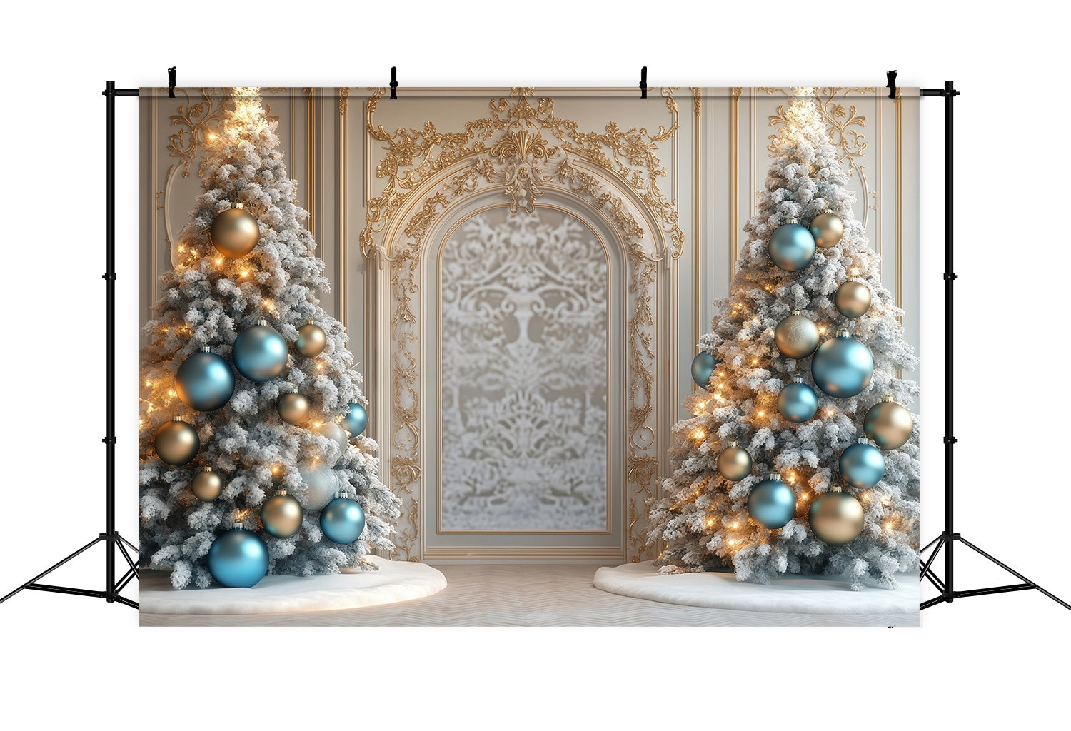 Toile de fond photo Noël Arche Sapins Givrés Liseré Doré TWW58-97