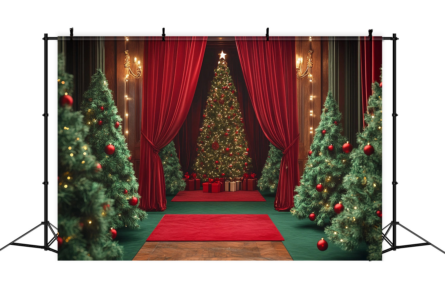 Toile de fond Noël Rideau Velours Rouge Sapins Ornés TWW58-98