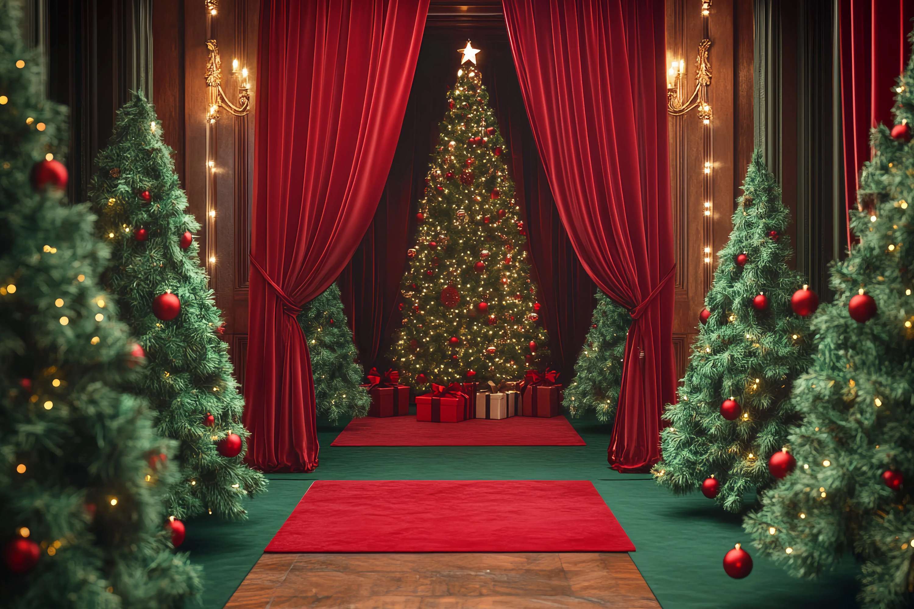 Toile de fond Noël Rideau Velours Rouge Sapins Ornés TWW58-98