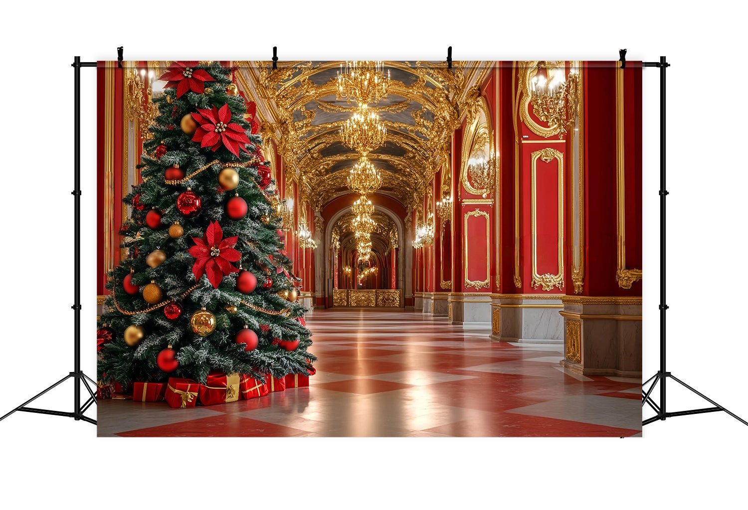 Toile de fond photo Noël Grand Hall Rouge et Or Sapin TWW58-99