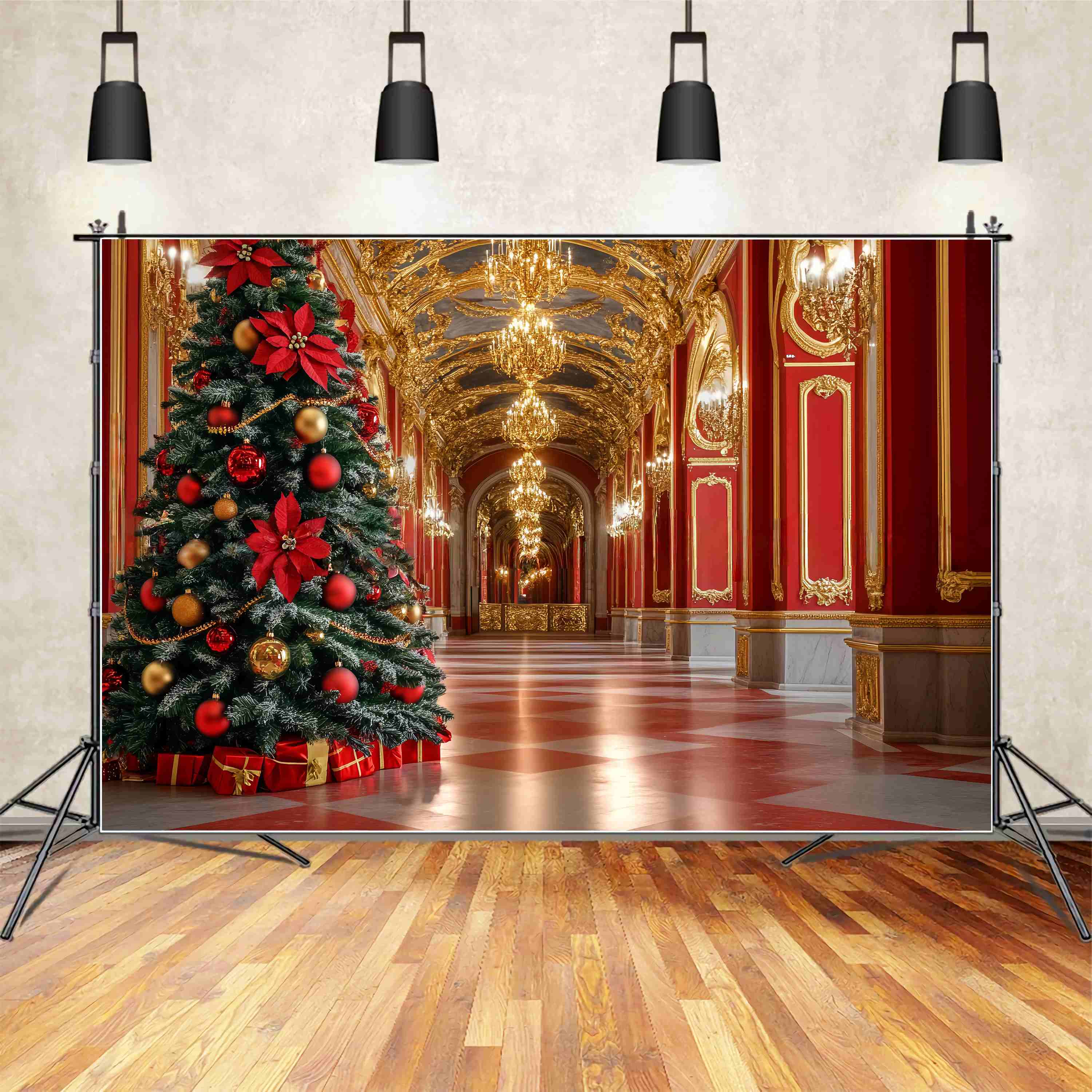 Toile de fond photo Noël Grand Hall Rouge et Or Sapin TWW58-99
