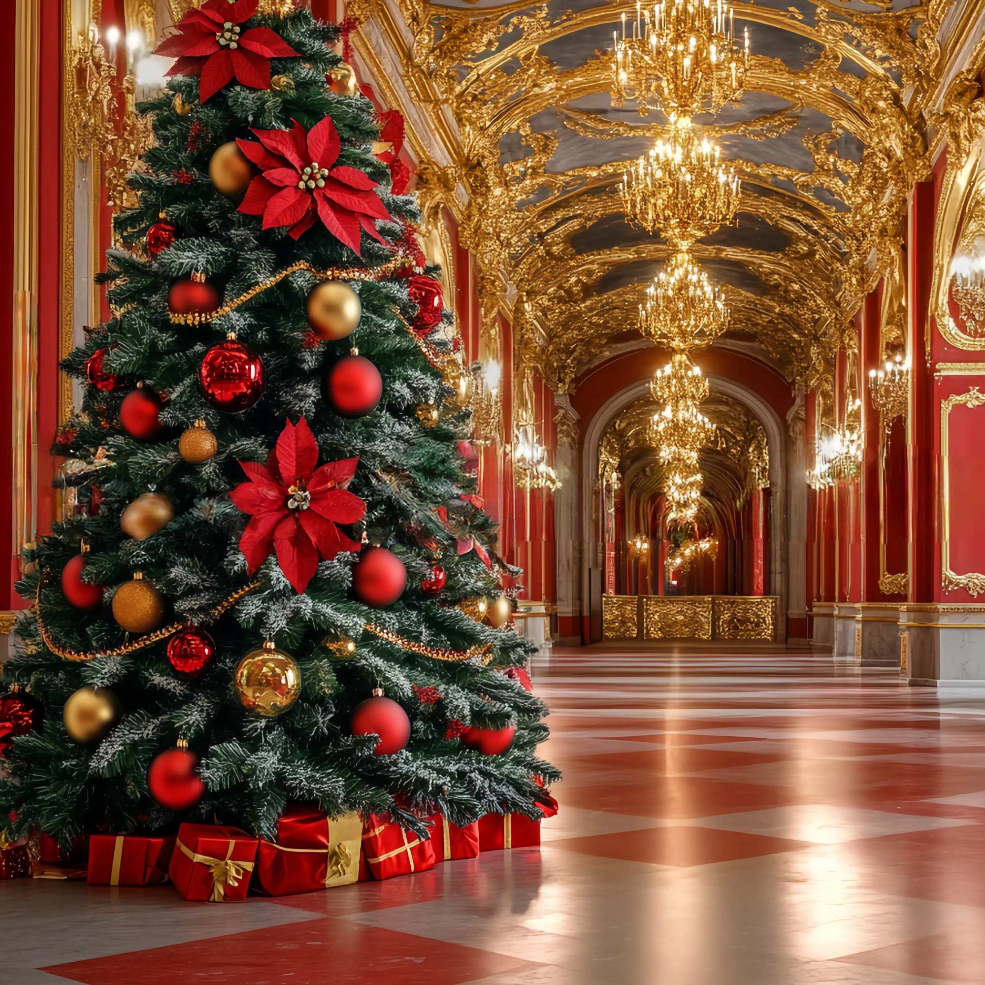 Toile de fond photo Noël Grand Hall Rouge et Or Sapin TWW58-99