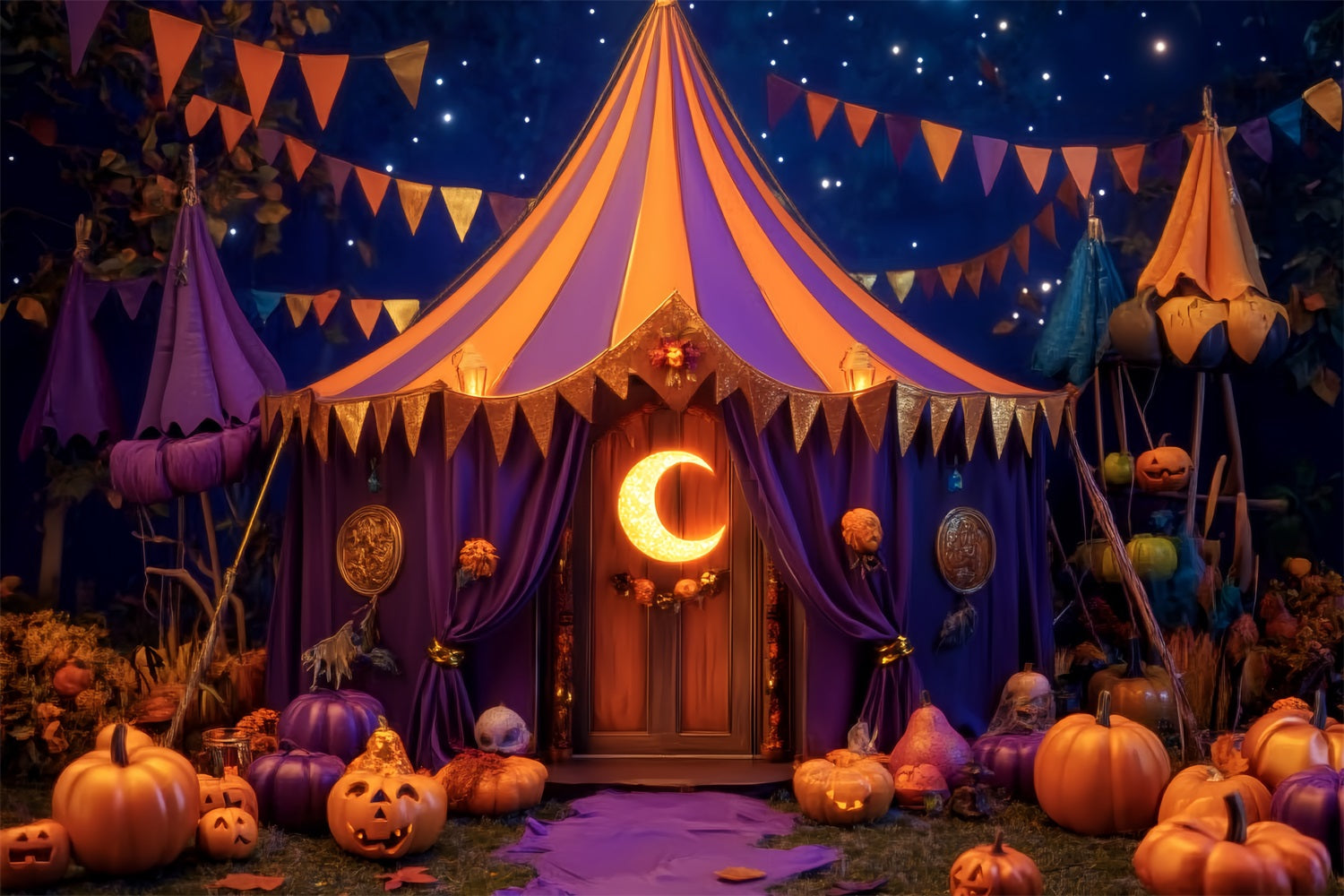 Toile de fond Cirque Halloween Citrouille Lune Croissant Chapiteau TWW59-1