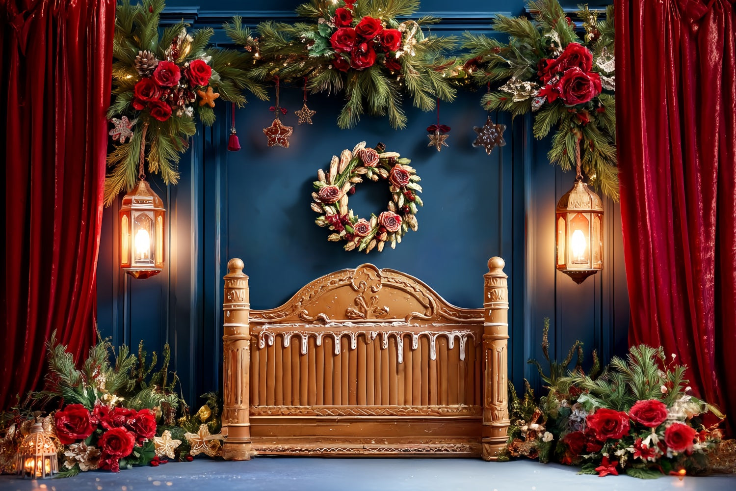 Toile de fond Noël Tête de Lit Rideau Rouge Guirlande Festive TWW59-100