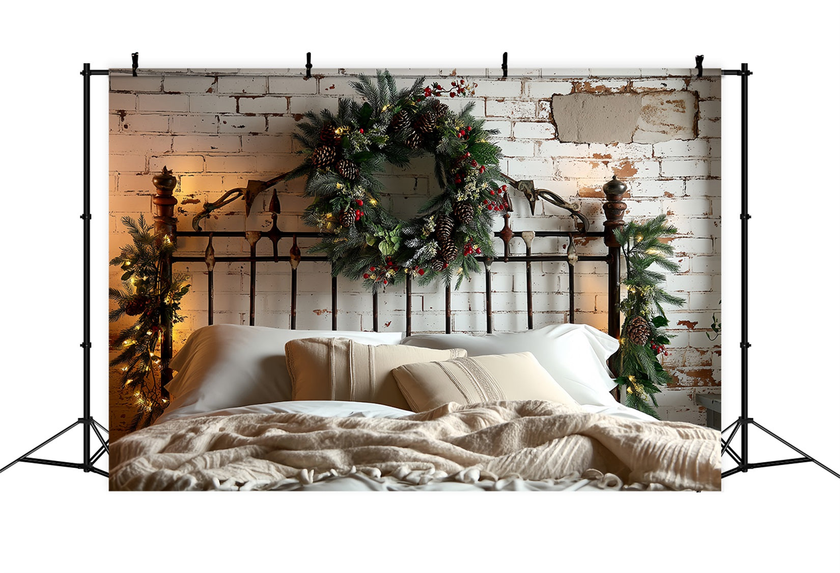 Toile de fond photo Noël Tête de Lit Mur Brique Couronne Pomme de Pin TWW59-102