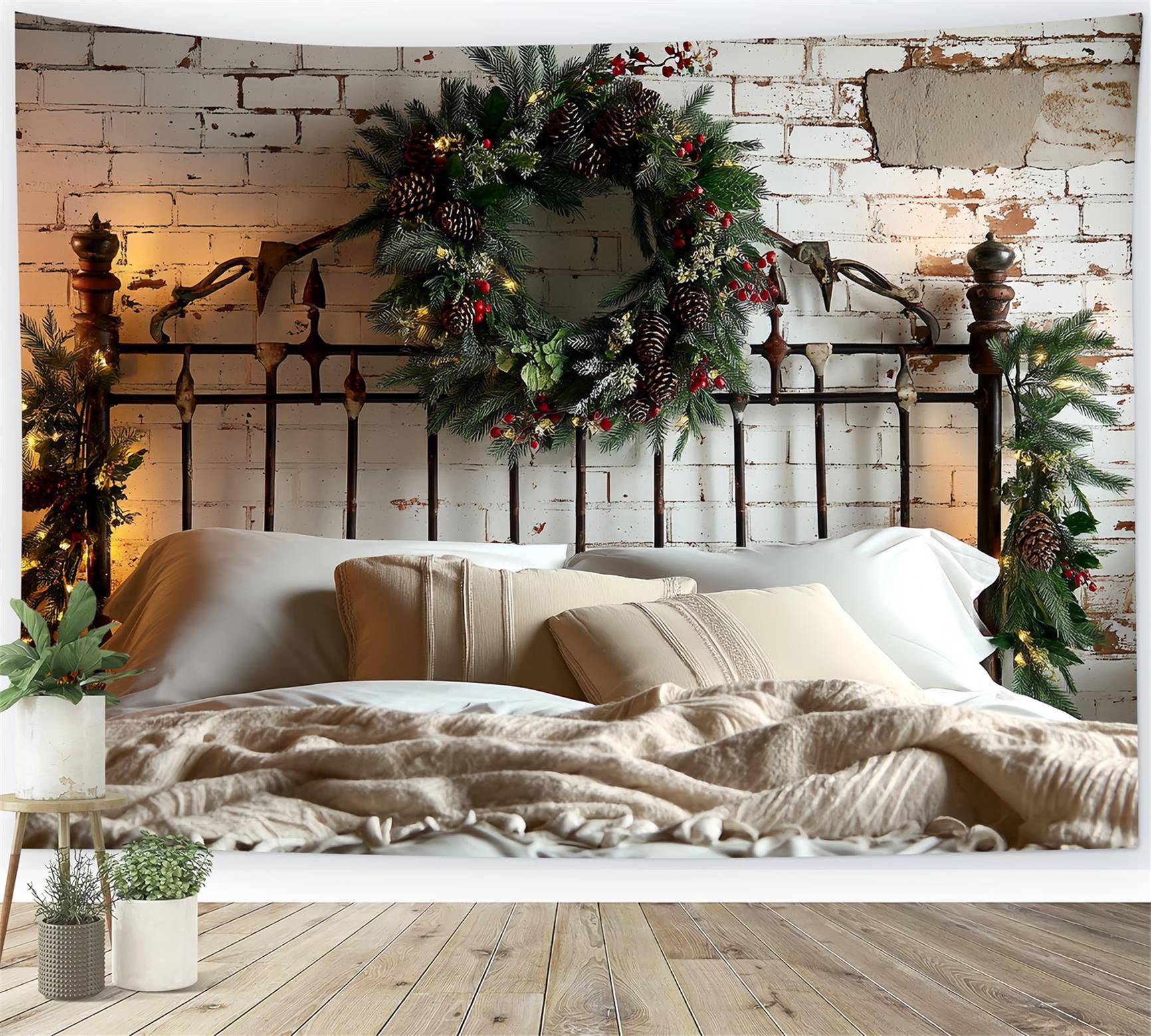 Toile de fond photo Noël Tête de Lit Mur Brique Couronne Pomme de Pin TWW59-102