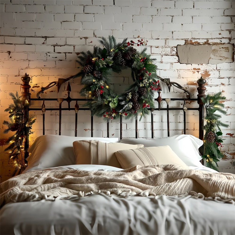 Toile de fond photo Noël Tête de Lit Mur Brique Couronne Pomme de Pin TWW59-102