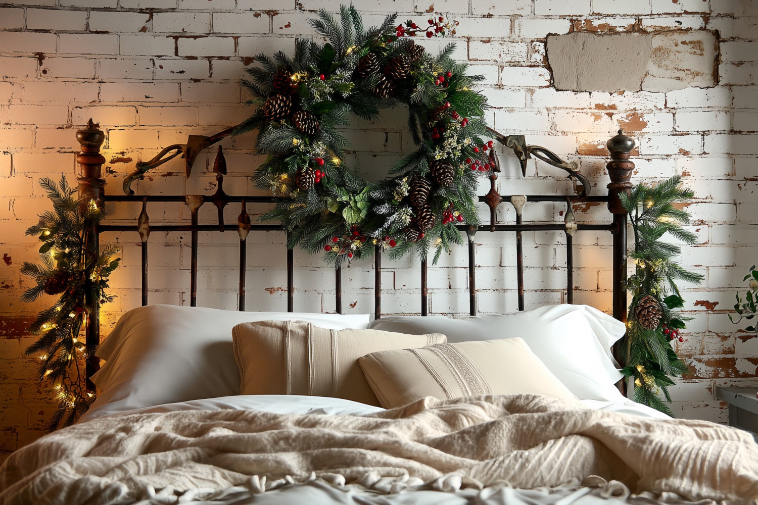 Toile de fond photo Noël Tête de Lit Mur Brique Couronne Pomme de Pin TWW59-102