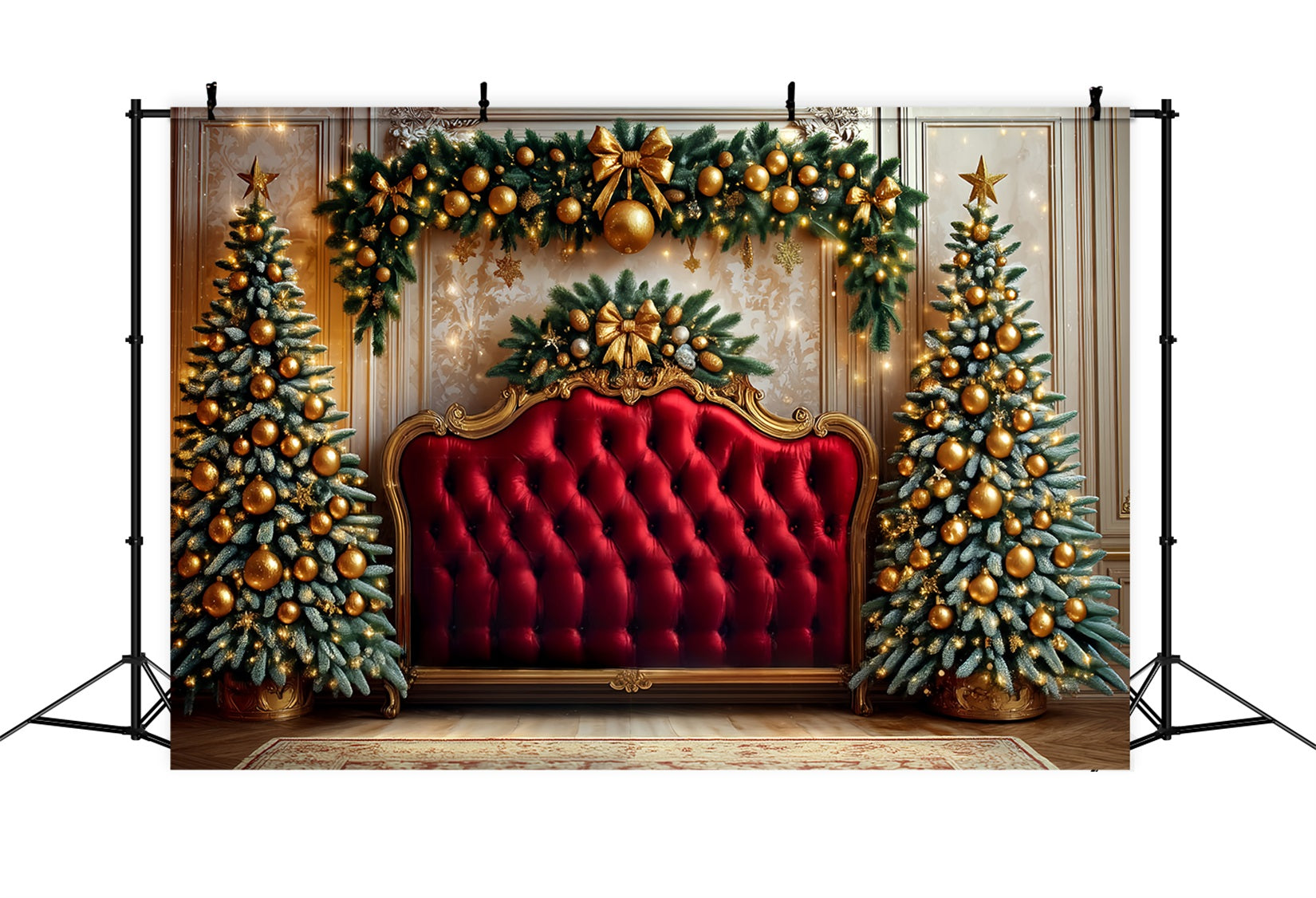 Toile de fond Noël Tête de Lit Ornements Dorés Velours Rouge TWW59-104