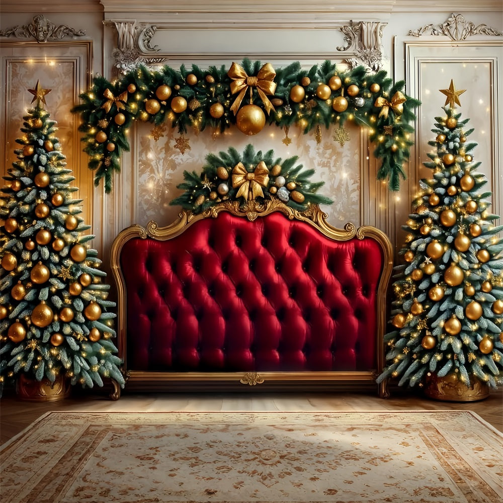 Toile de fond Noël Tête de Lit Ornements Dorés Velours Rouge TWW59-104