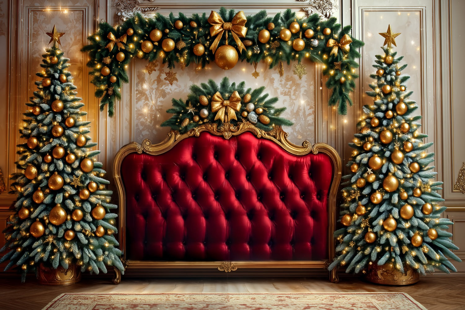 Toile de fond Noël Tête de Lit Ornements Dorés Velours Rouge TWW59-104