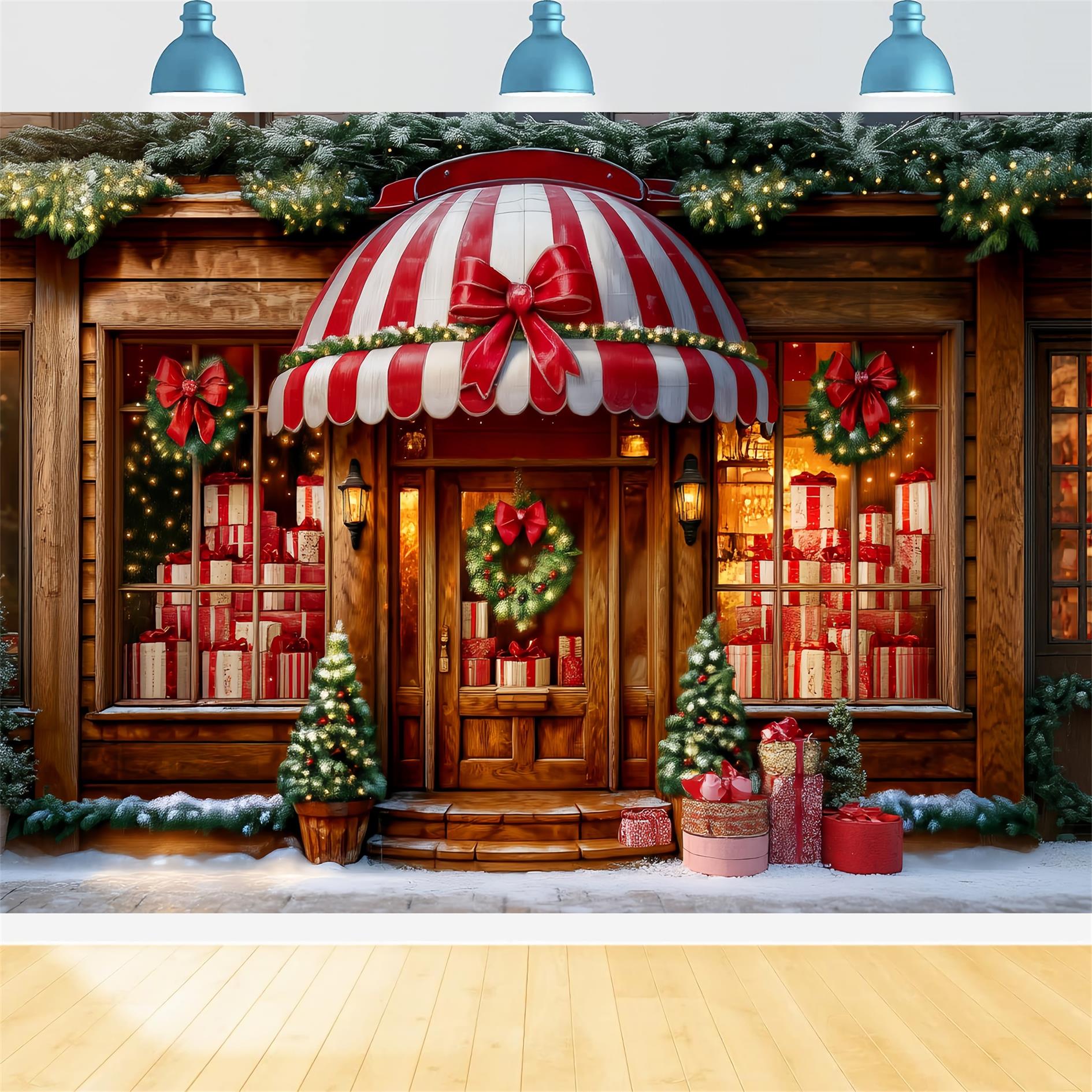 Toile de fond Noël Magasin de Jouets Auvent Rayé Devanture Cadeaux TWW59-108