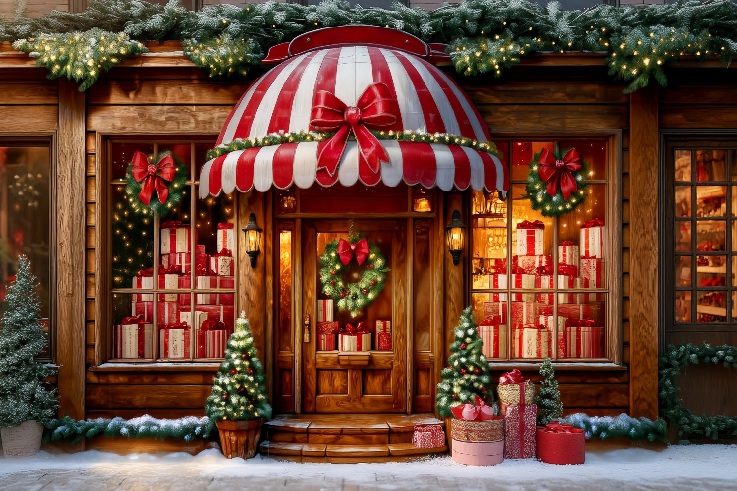 Toile de fond Noël Magasin de Jouets Auvent Rayé Devanture Cadeaux TWW59-108