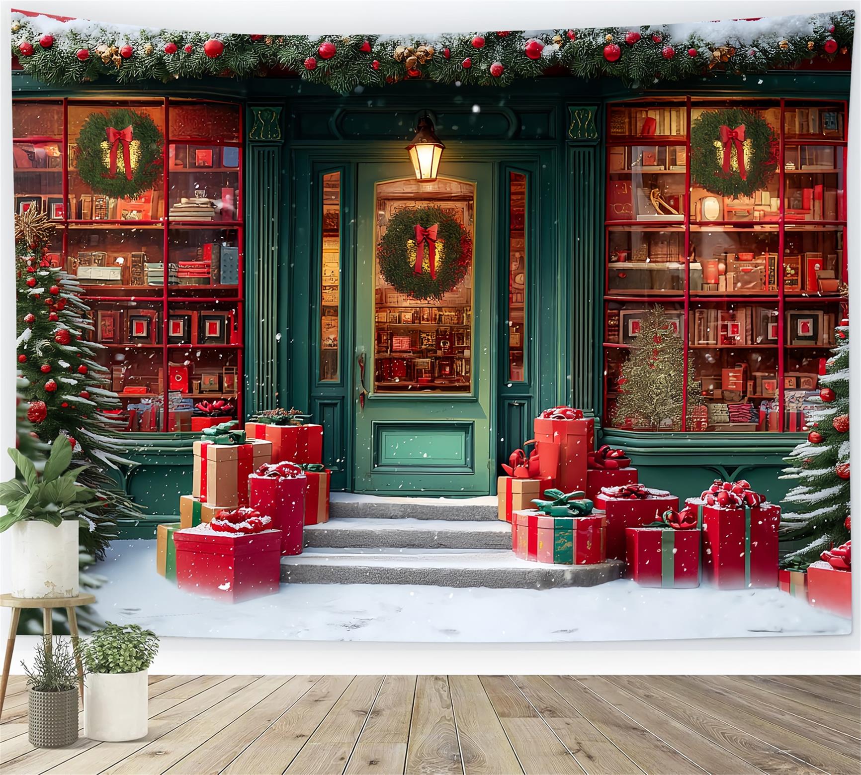 Toile de fond photo Noël Librairie Festive Entrée Enneigée TWW59-110