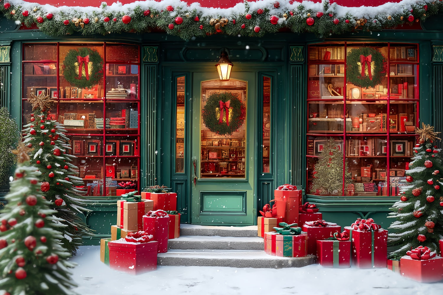 Toile de fond photo Noël Librairie Festive Entrée Enneigée TWW59-110