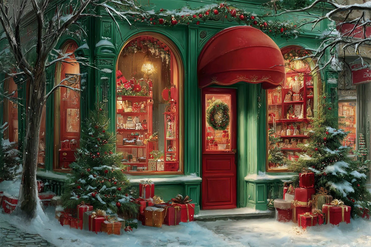 Toile de fond Noël Boutique Rouge Festive Auvent TWW59-111