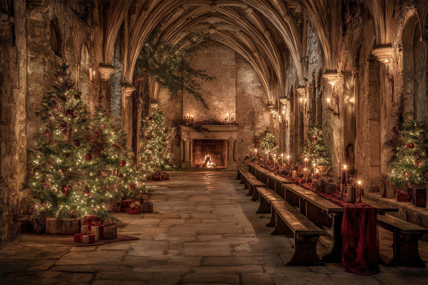 Toile de fond Noël Église Salle Médiévale Banquet de Noël TWW59-112