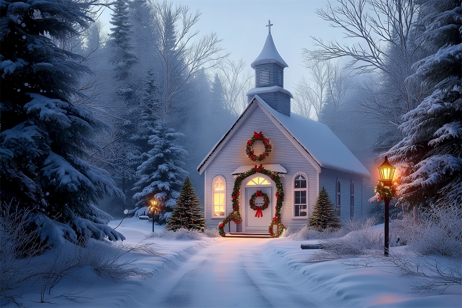 Toile de fond photo Noël Chapelle Givrée Lueur des Fêtes TWW59-113