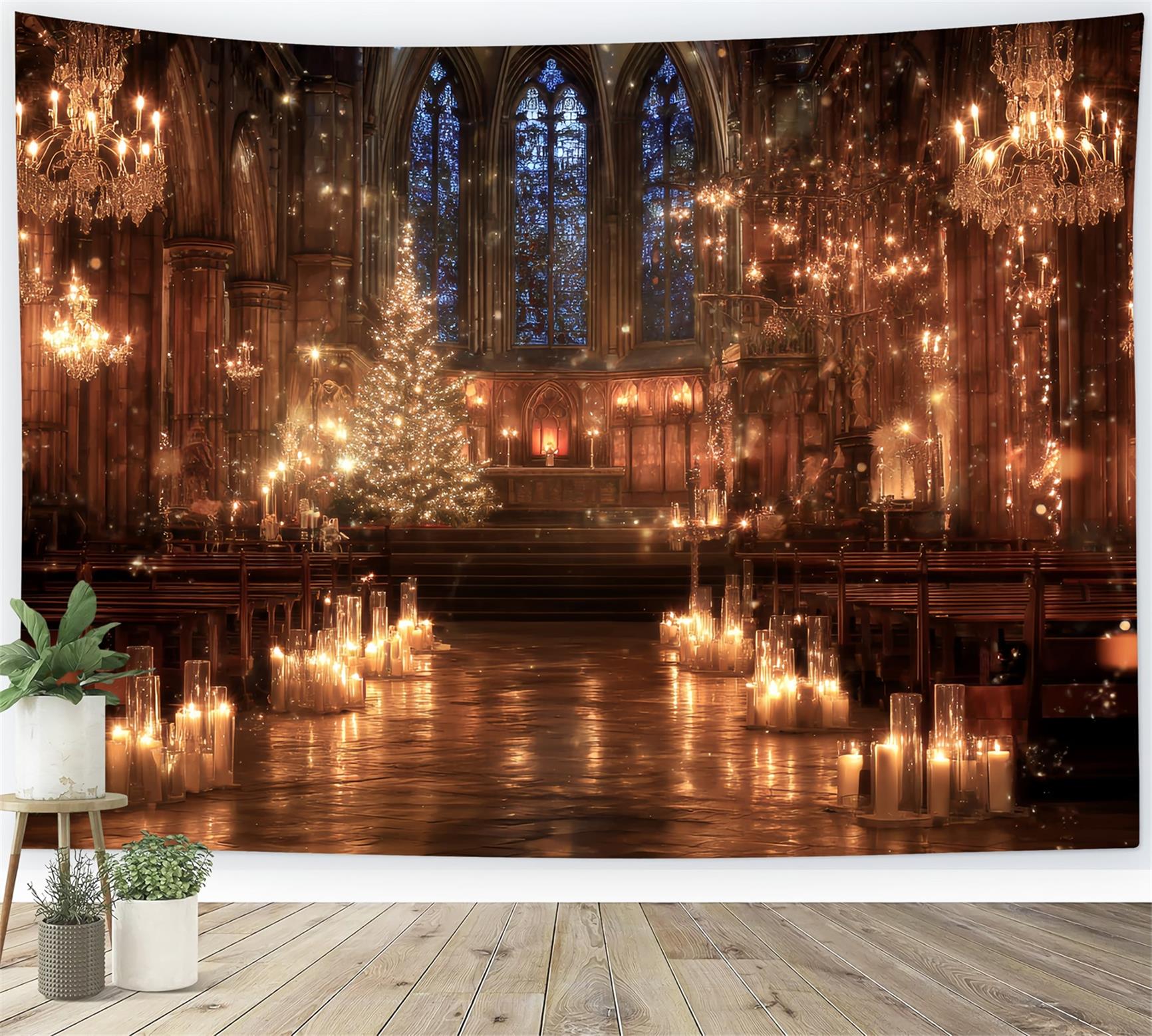 Toile de fond Noël Cathédrale Dorée Bougies Magie de Noël TWW59-114