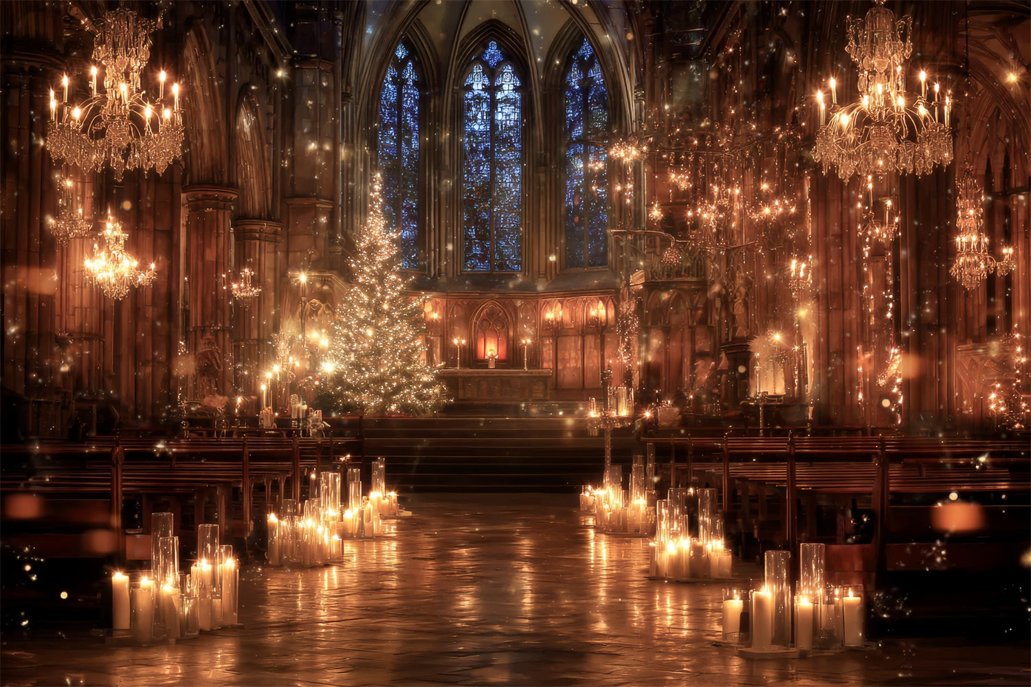 Toile de fond Noël Cathédrale Dorée Bougies Magie de Noël TWW59-114