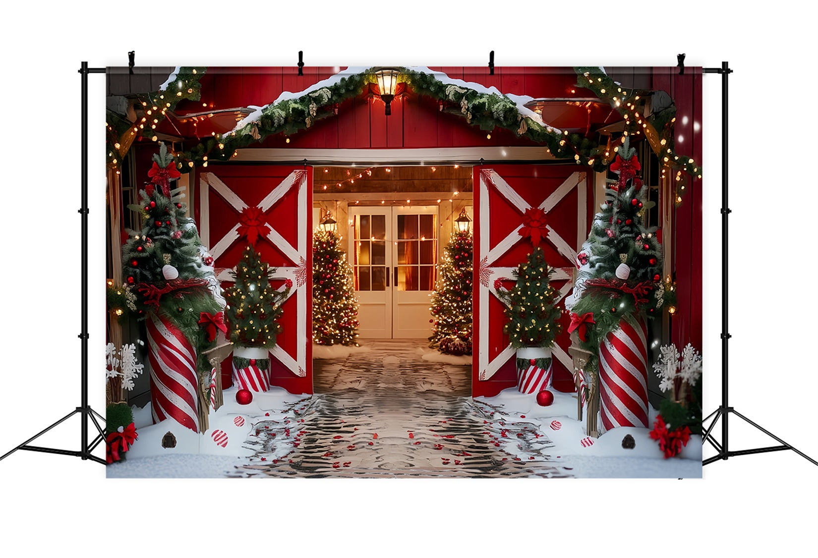Toile de fond Noël Ferme Grange Rouge Portail des Fêtes TWW59-118