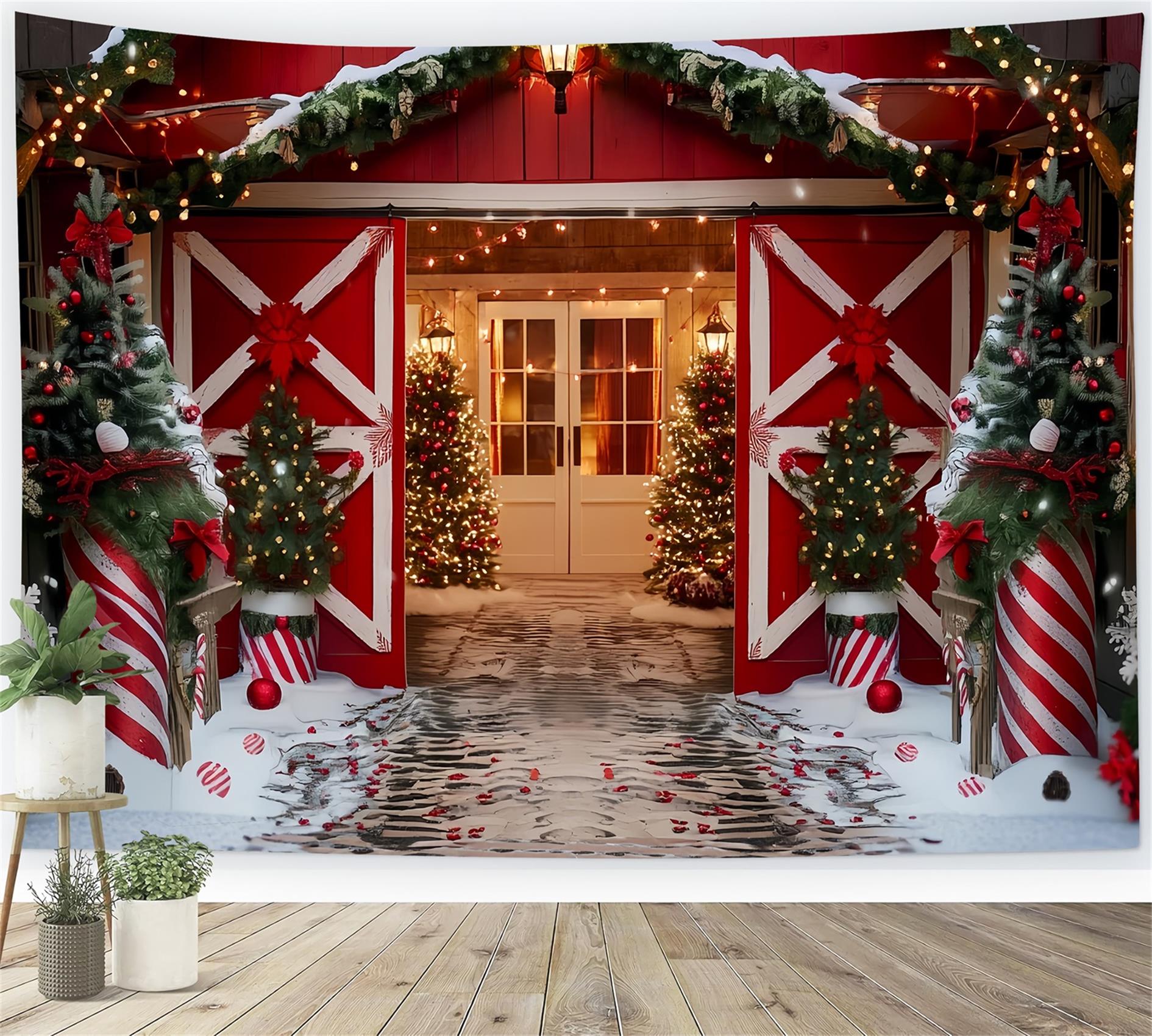 Toile de fond Noël Ferme Grange Rouge Portail des Fêtes TWW59-118