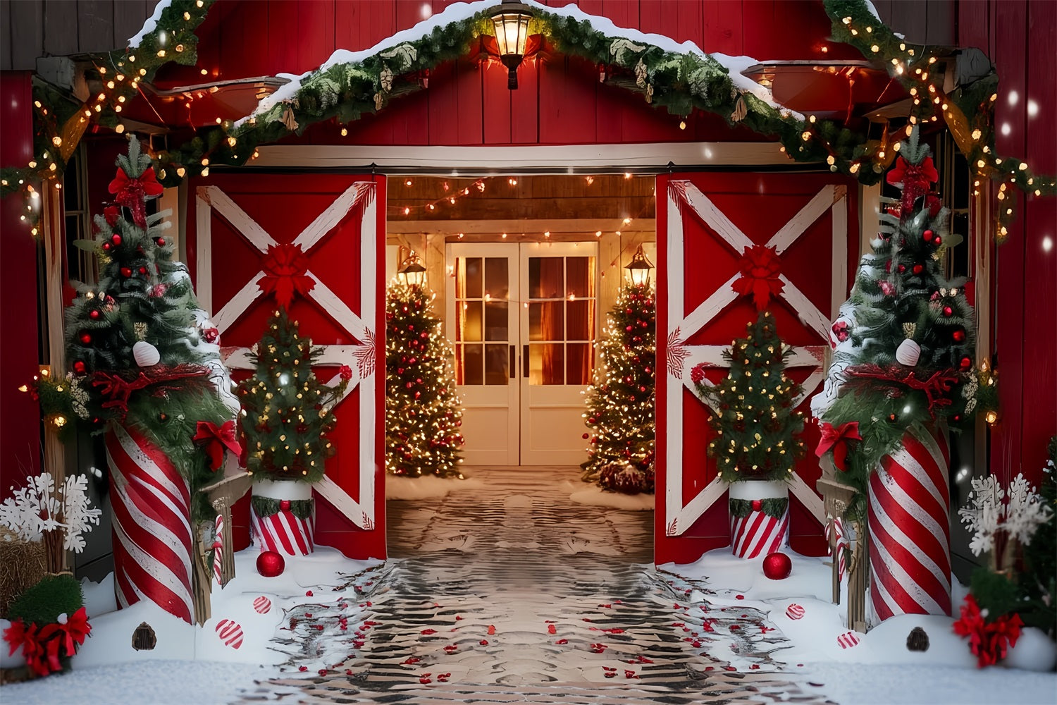 Toile de fond Noël Ferme Grange Rouge Portail des Fêtes TWW59-118
