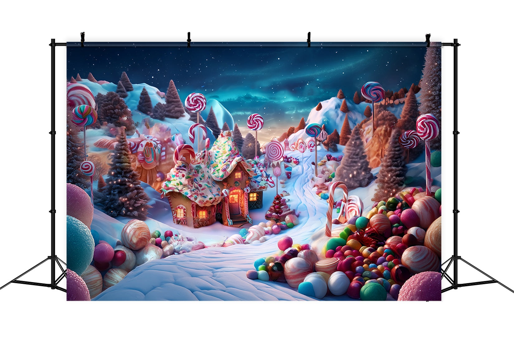 Toile de fond photo Noël Pays des Bonbons Cottage Pain d’Épices Féerie Sucrée TWW59-119
