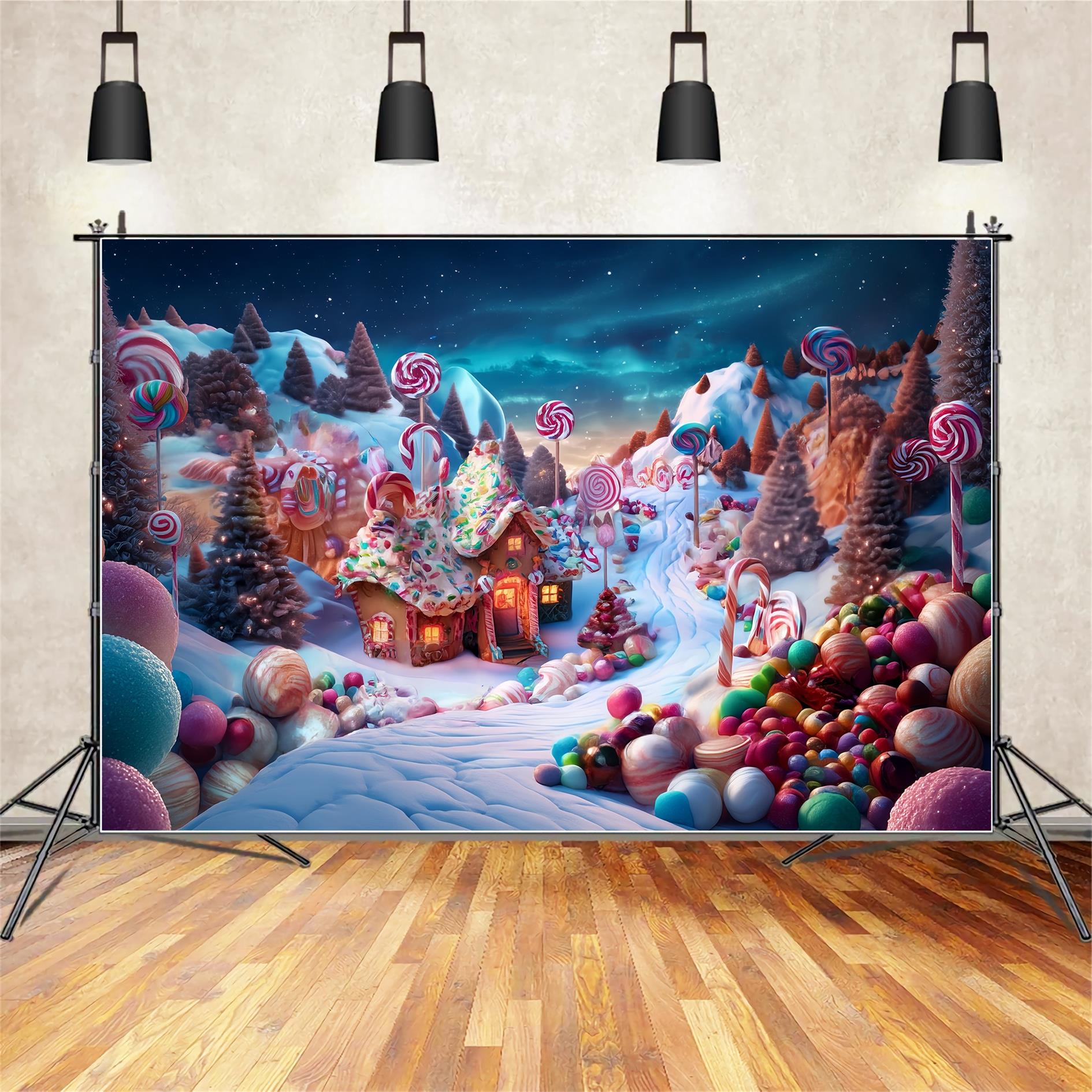 Toile de fond photo Noël Pays des Bonbons Cottage Pain d’Épices Féerie Sucrée TWW59-119