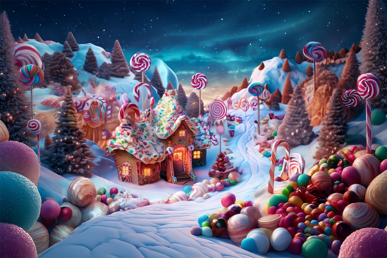 Toile de fond photo Noël Pays des Bonbons Cottage Pain d’Épices Féerie Sucrée TWW59-119