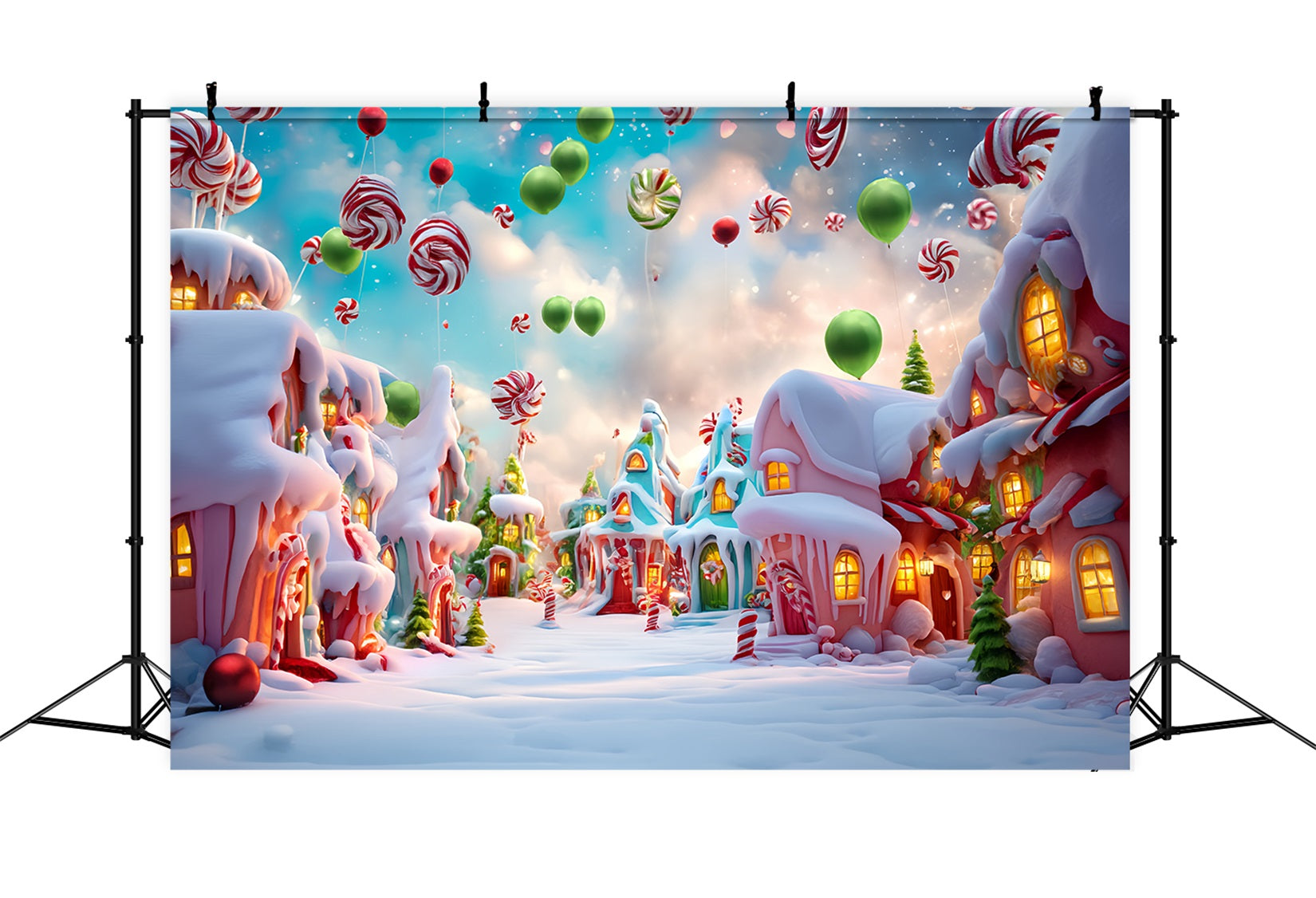 Toile de fond photo Noël Pays des Bonbons Ballons Sucrés Village Enneigé TWW59-121