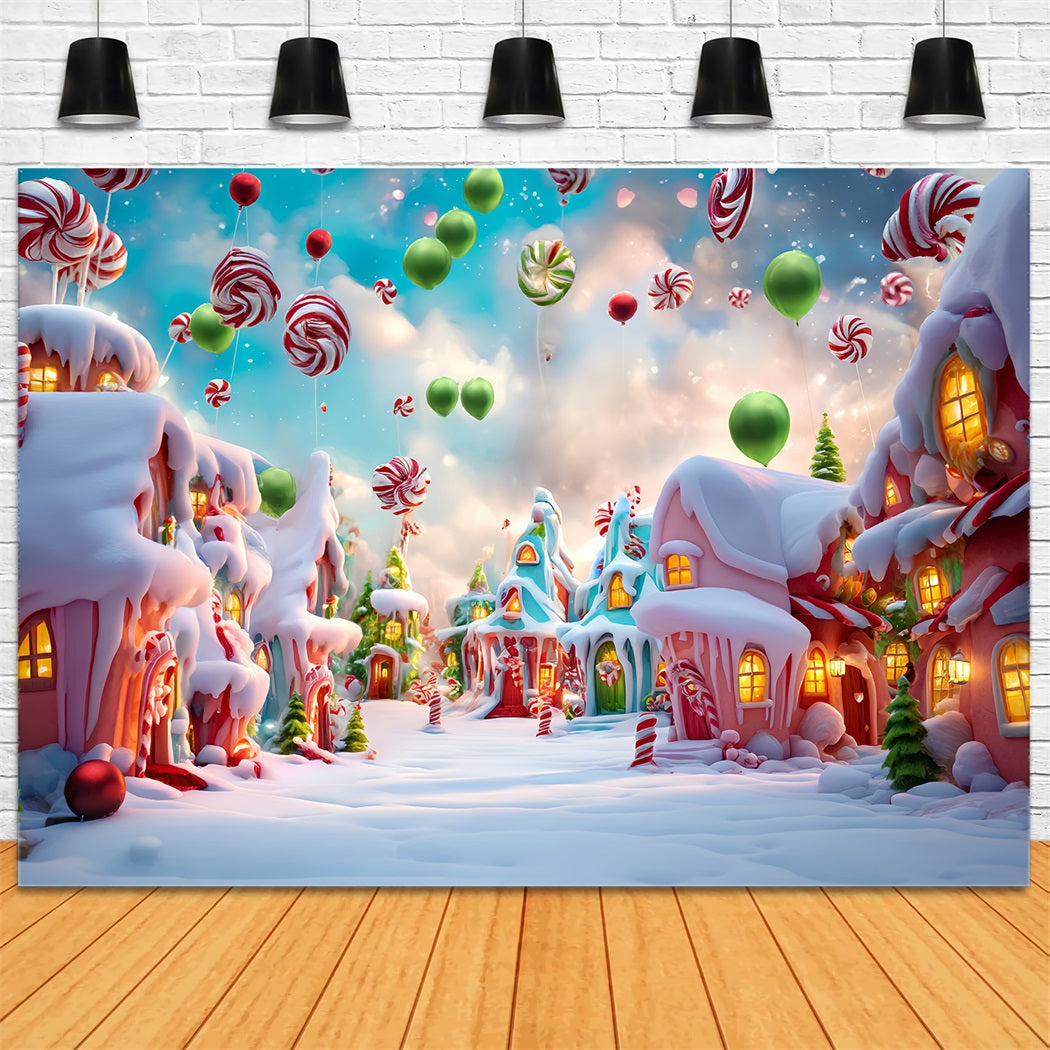 Toile de fond photo Noël Pays des Bonbons Ballons Sucrés Village Enneigé TWW59-121