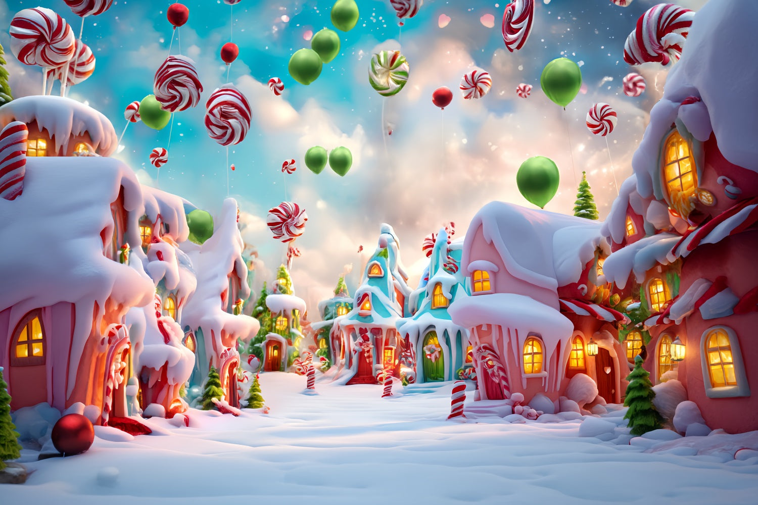 Toile de fond photo Noël Pays des Bonbons Ballons Sucrés Village Enneigé TWW59-121