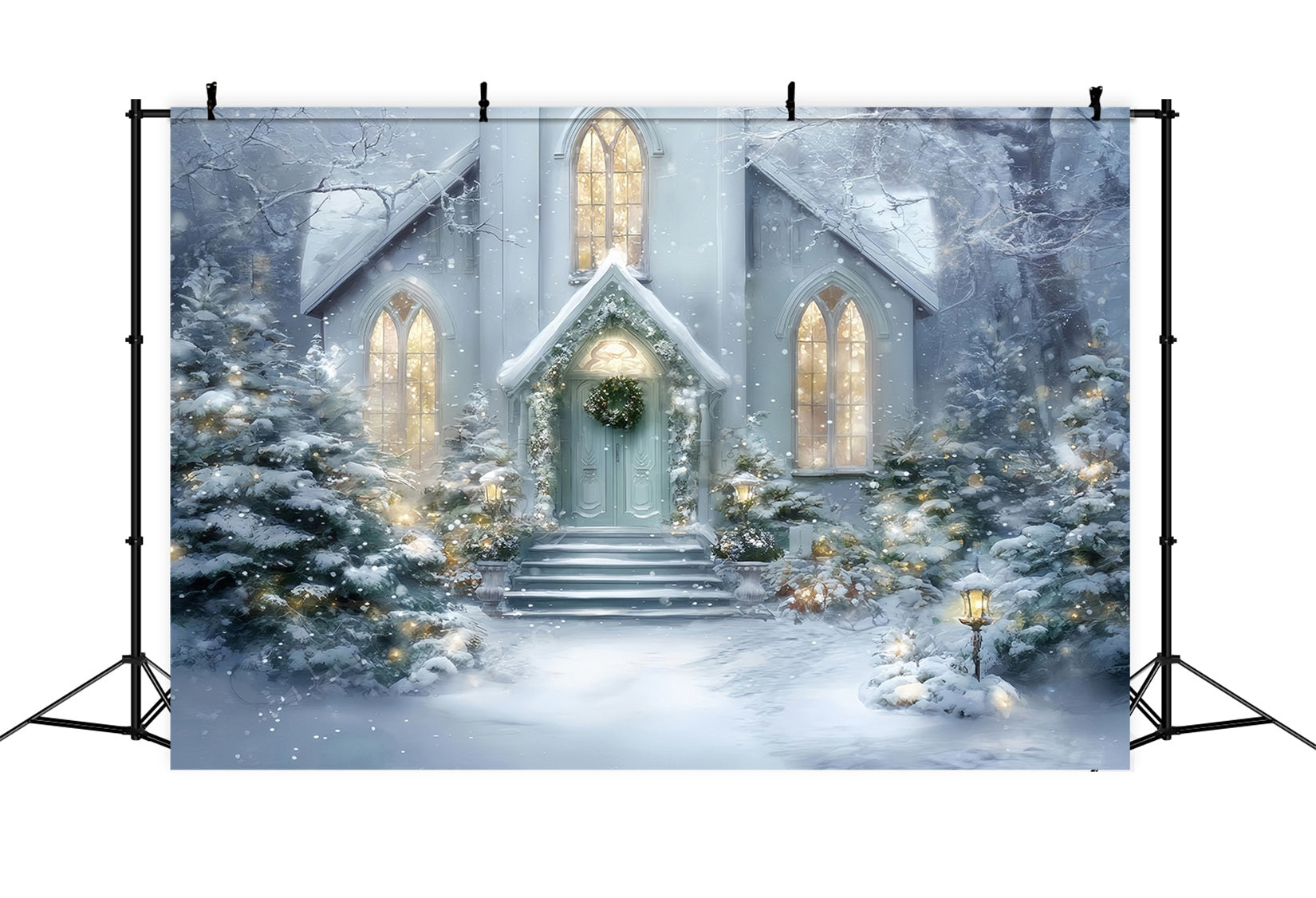 Toile de fond photo Noël Église Entrée Enneigée Lueur TWW59-125