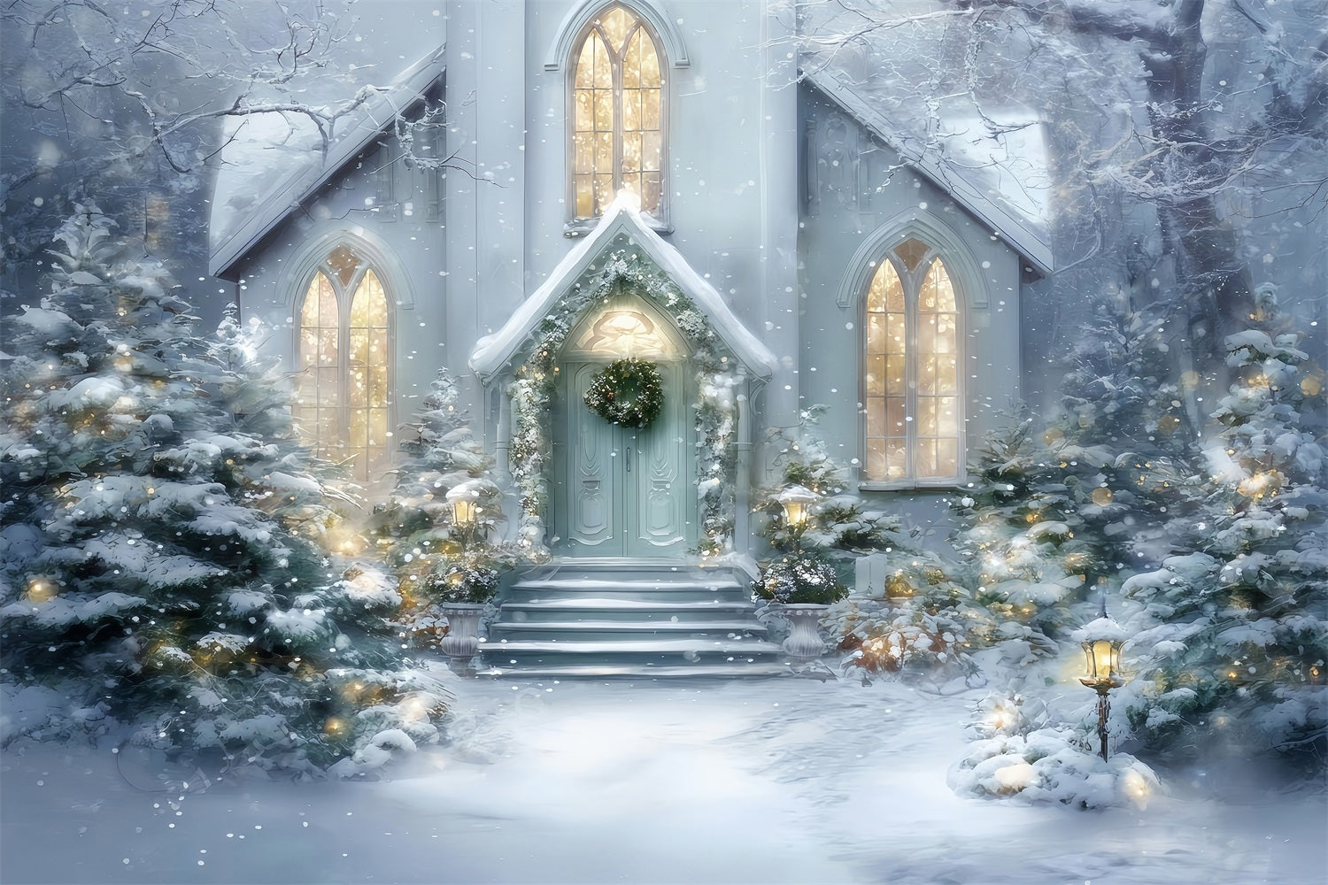Toile de fond photo Noël Église Entrée Enneigée Lueur TWW59-125