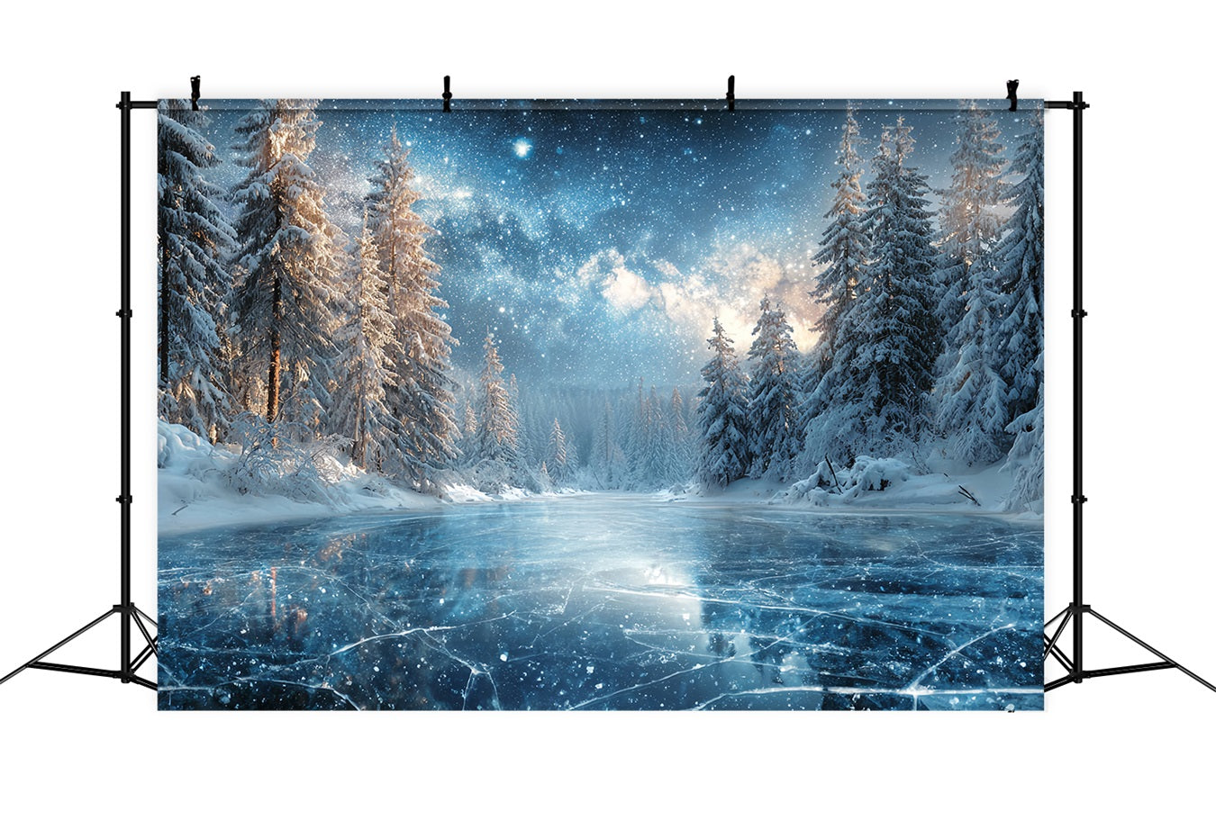 Toile de fond Forêt Hivernale Lac Gelé Nuit Étoilée Forêt Enneigée TWW59-129