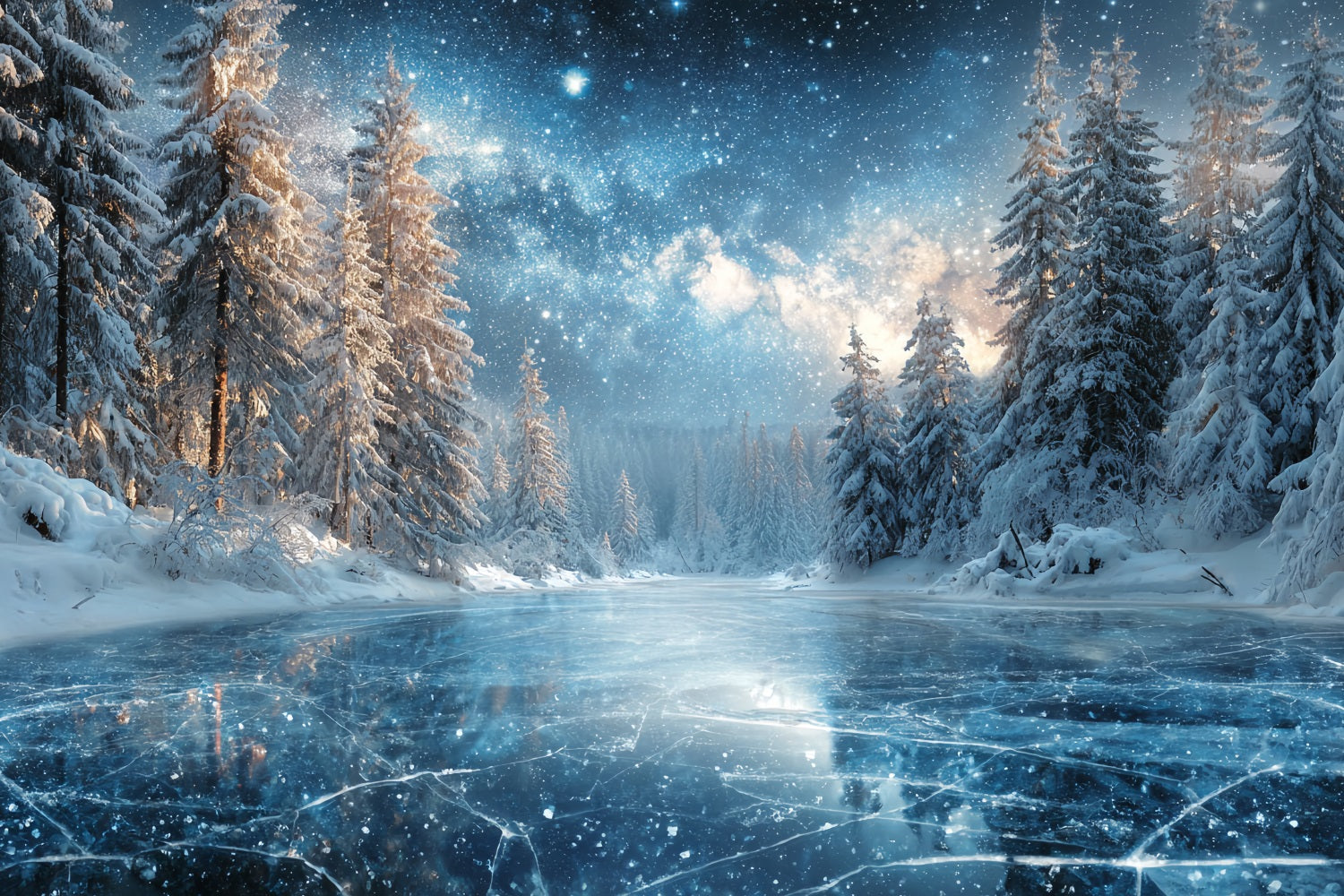 Toile de fond Forêt Hivernale Lac Gelé Nuit Étoilée Forêt Enneigée TWW59-129
