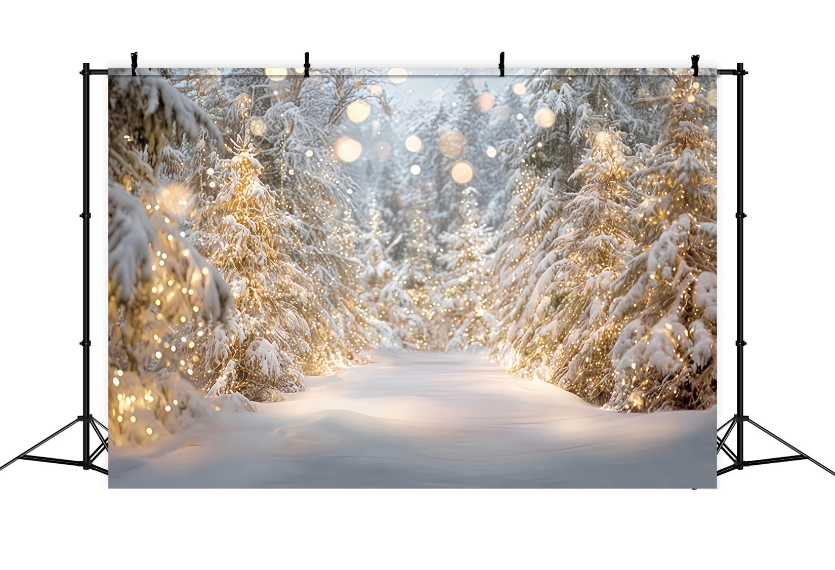 Toile de fond Forêt Enneigée Arbres Neige Lumières Dorées Hiver TWW59-133