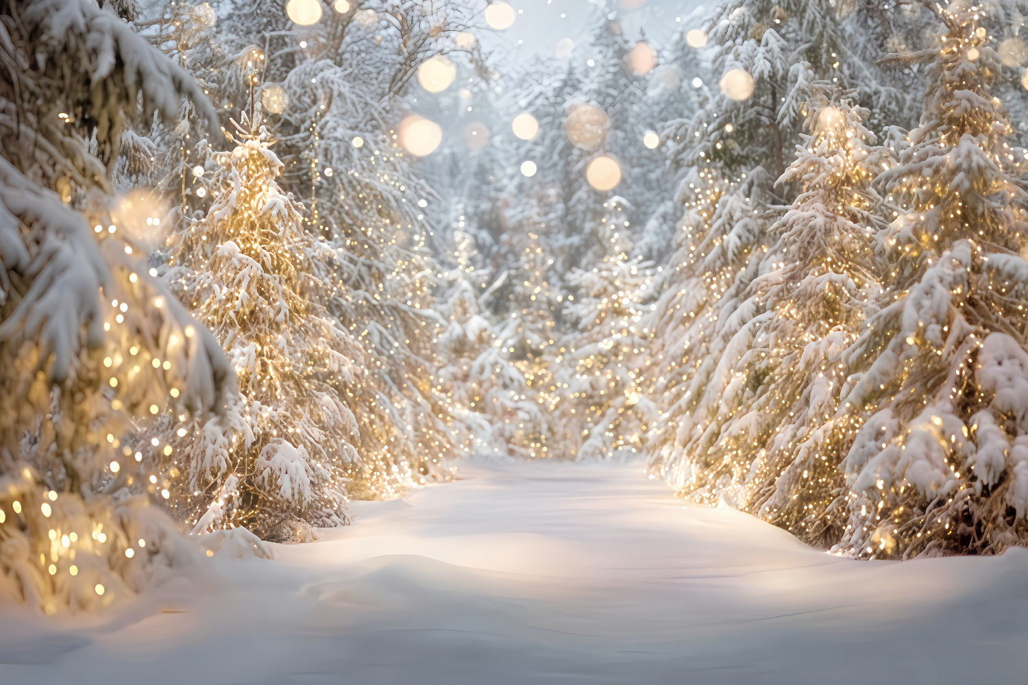 Toile de fond Forêt Enneigée Arbres Neige Lumières Dorées Hiver TWW59-133