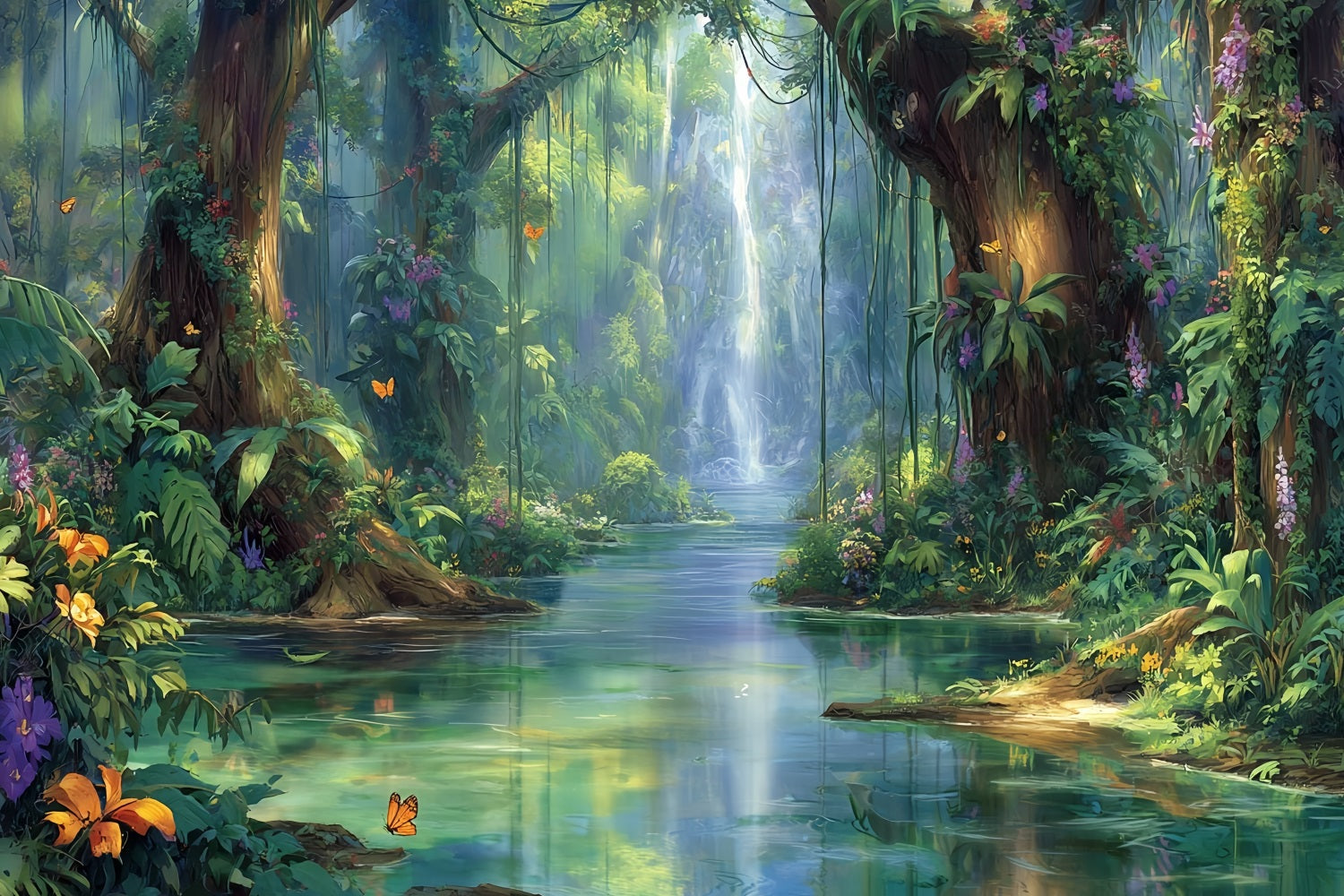 Toile de fond Forêt Tropicale Cascade Enchantée Paradis Jungle Fantaisie TWW59-137