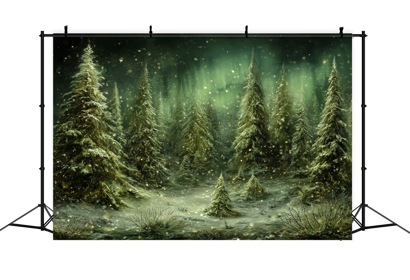 Toile de fond Forêt Pins Enneigée Arbres Aurores Boréales TWW59-143