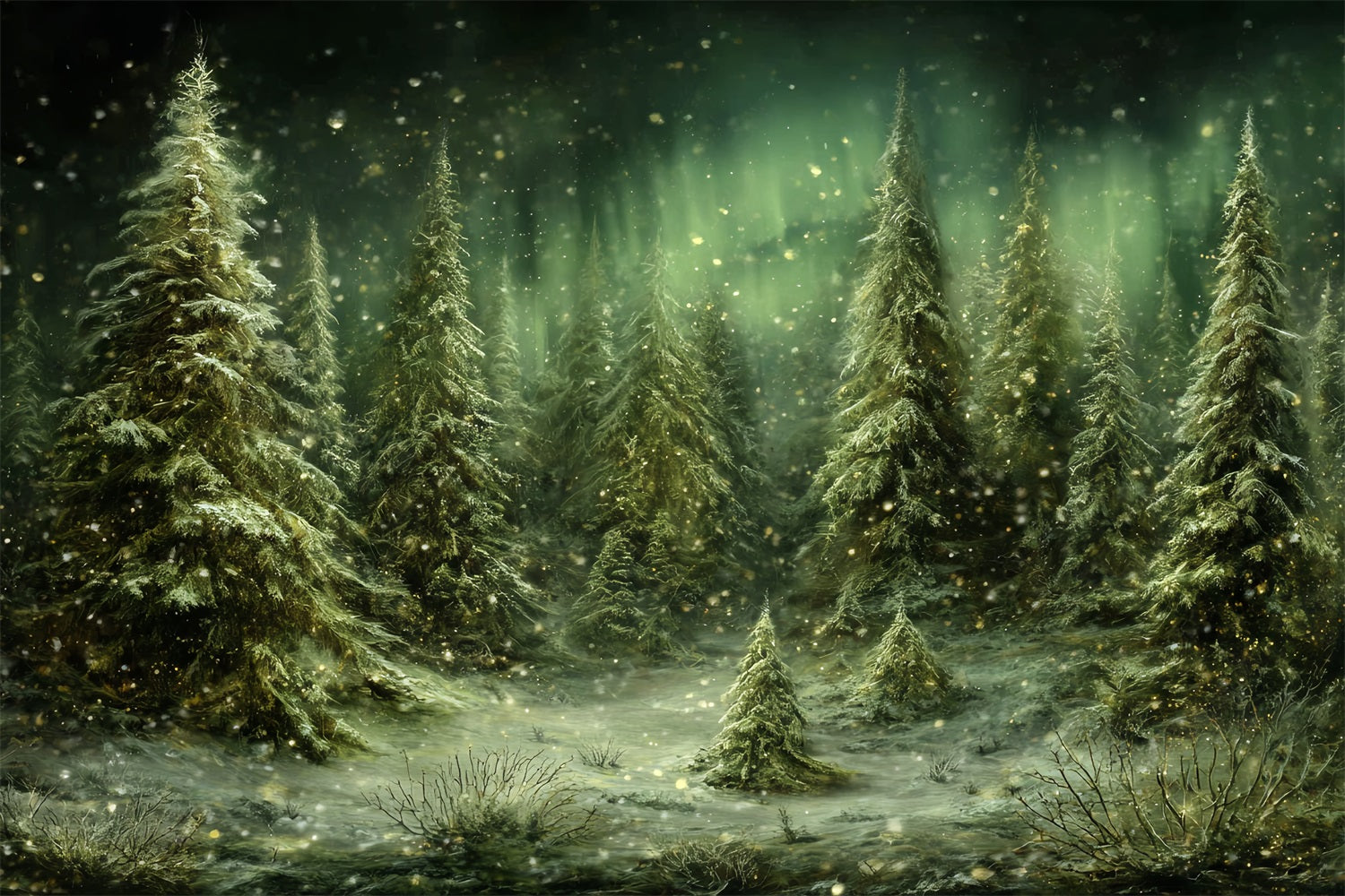 Toile de fond Forêt Pins Enneigée Arbres Aurores Boréales TWW59-143