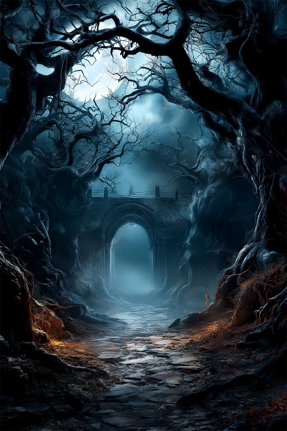 Toile de fond Forêt Sombre Arche Hantée Sentier Clair De Lune TWW59-144