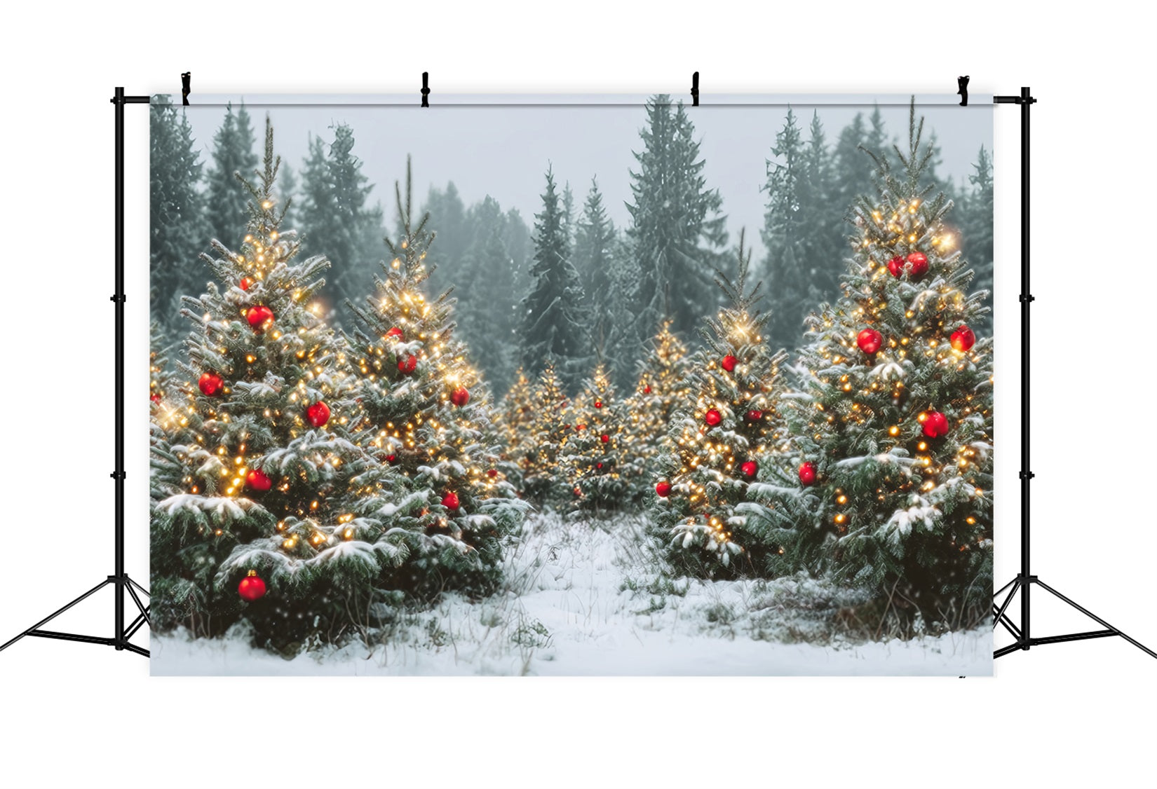 Toile de fond Forêt Noël Arbres Enneigés Ornements Dorés Pins TWW59-147