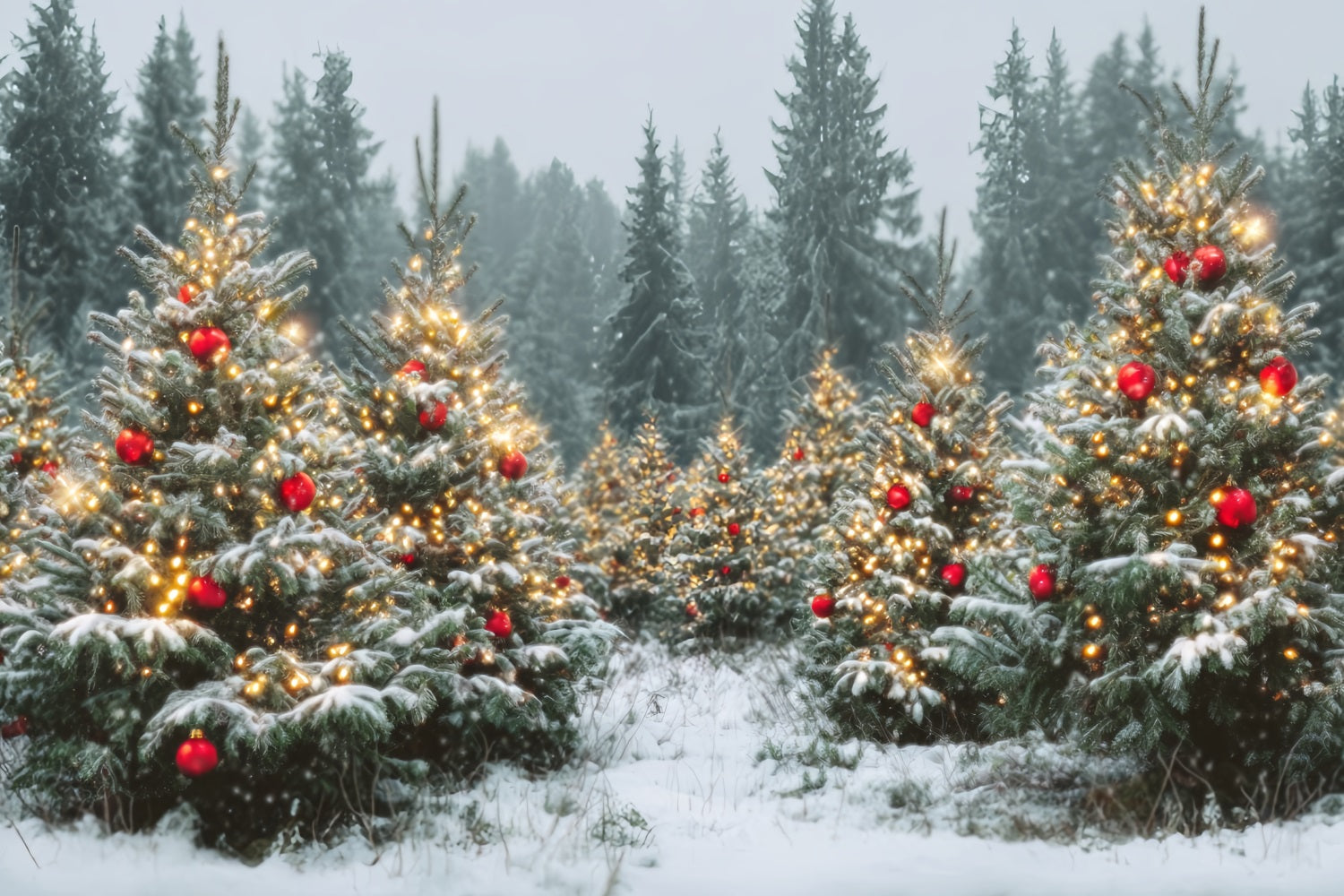 Toile de fond Forêt Noël Arbres Enneigés Ornements Dorés Pins TWW59-147