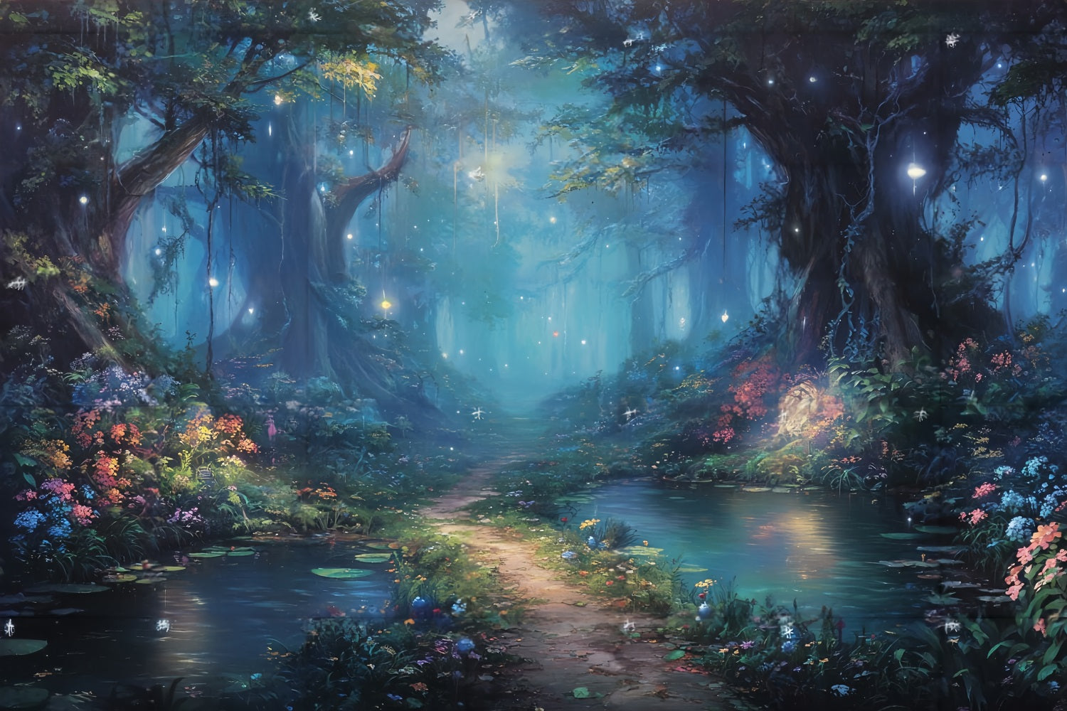 Toile de fond Forêt Enchantée Étang Magique Sentier Fée TWW59-148