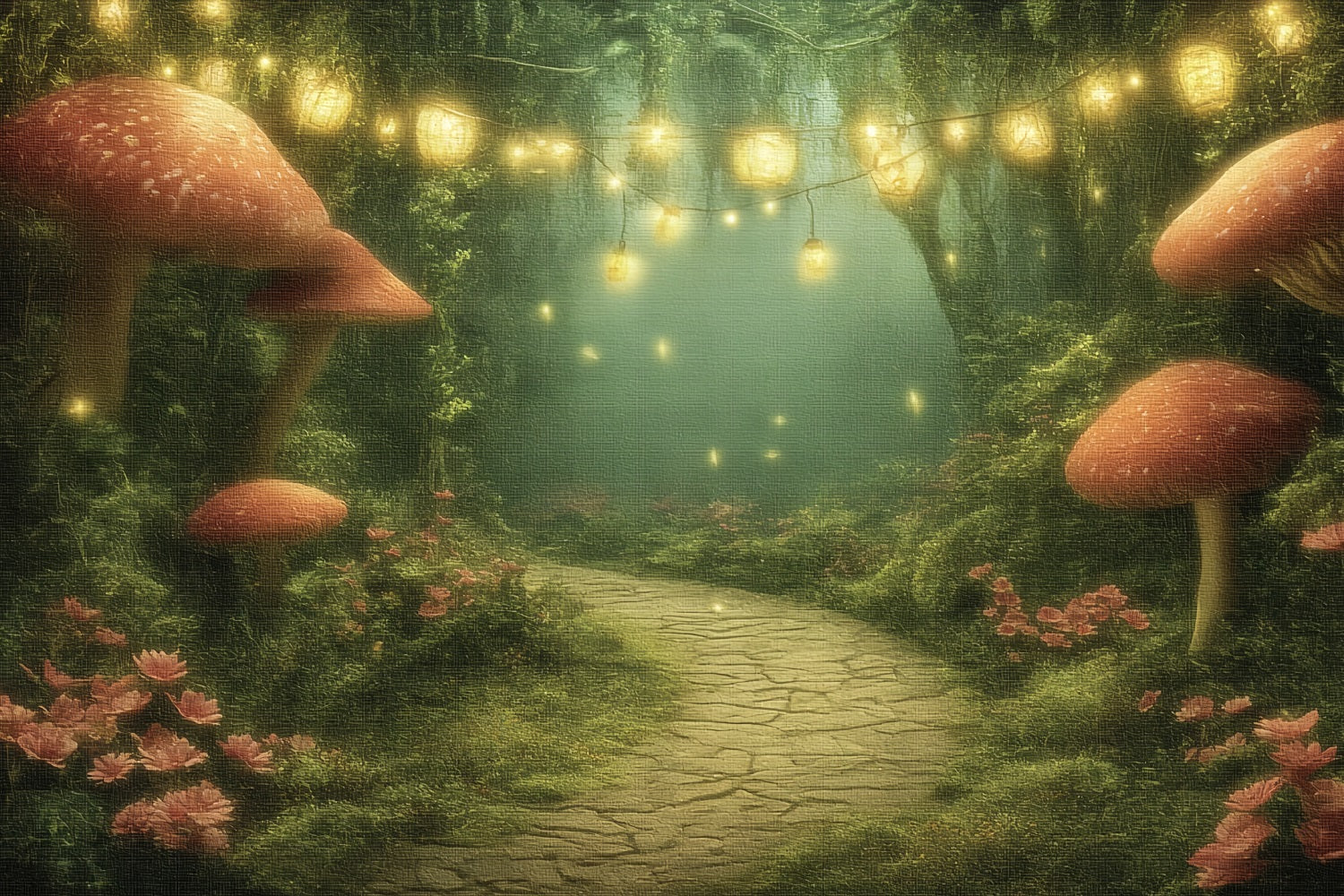 Toile de fond Forêt Féerique Sentier Champignons Lanternes Enchantée TWW59-151